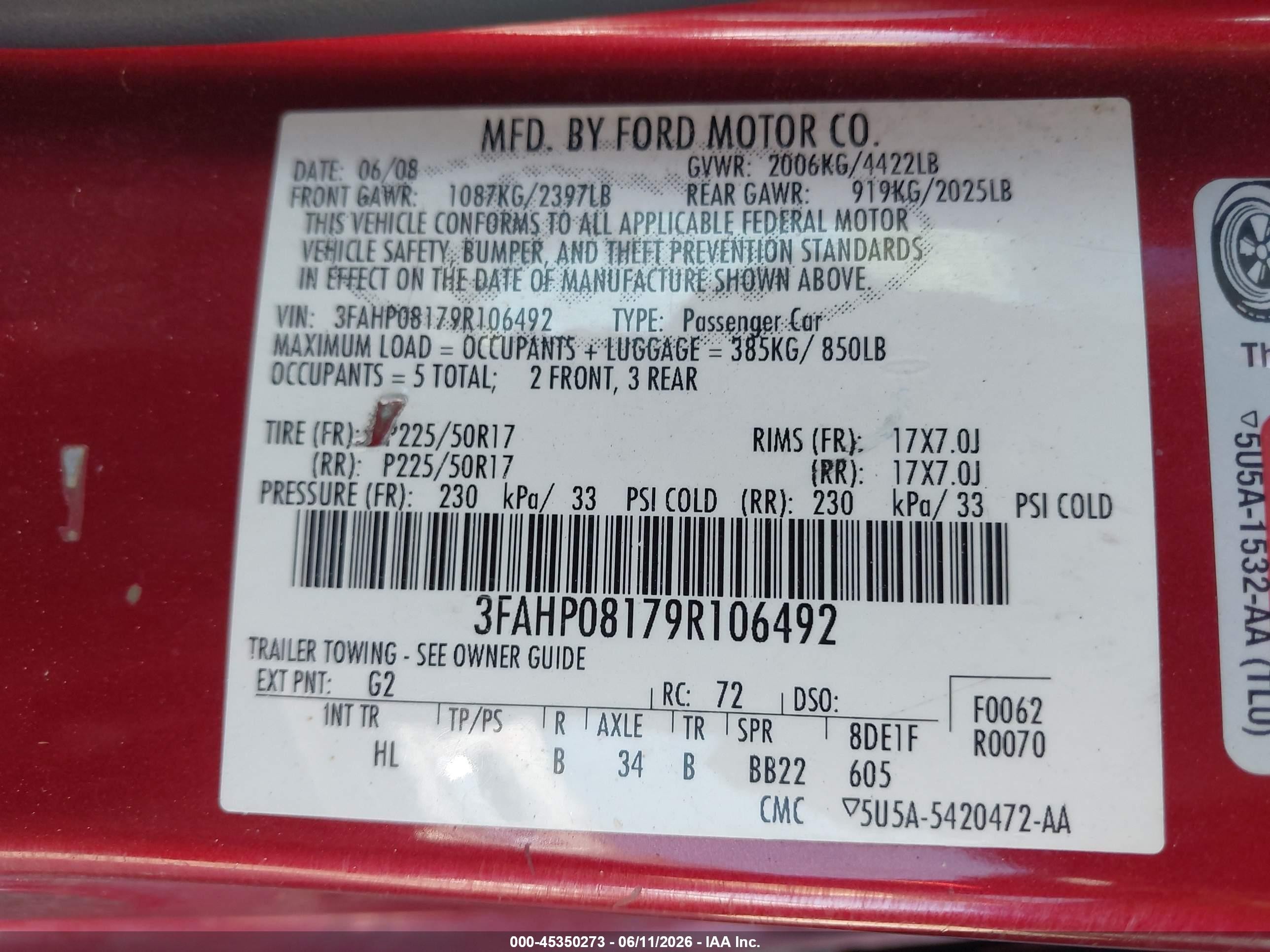 2009 Ford Fusion Sel Red vin: 3FAHP08179R106492