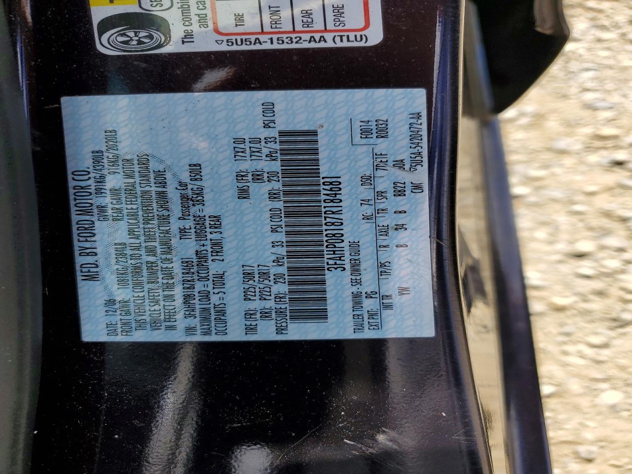 2007 Ford Fusion Sel Purple vin: 3FAHP08187R184681