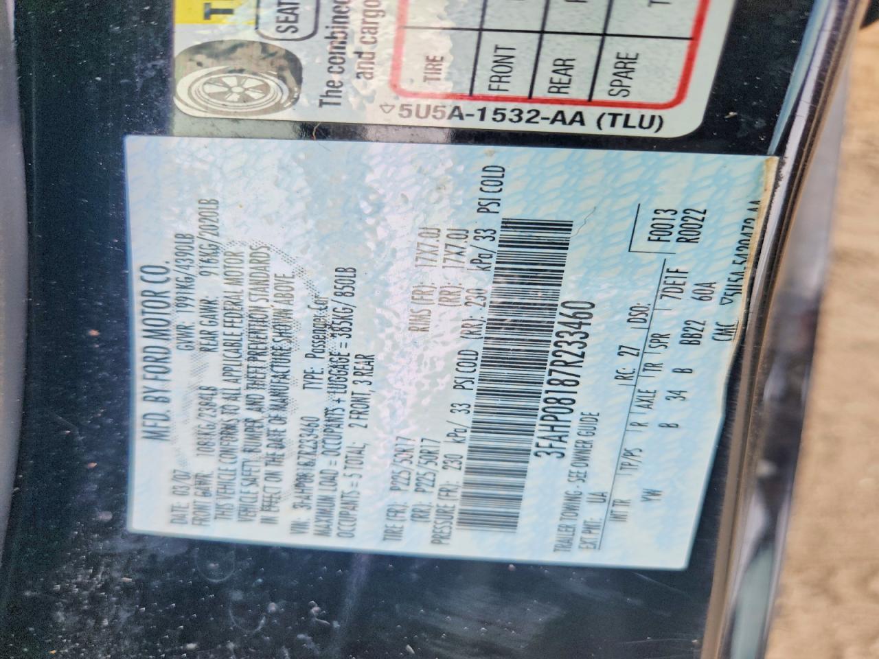 2007 Ford Fusion Black vin: 3FAHP08187R233460
