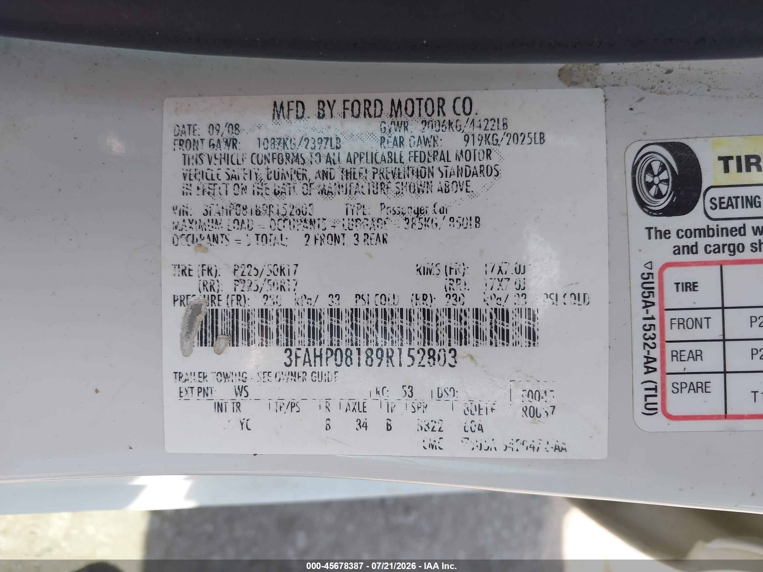 2009 Ford Fusion Sel White vin: 3FAHP08189R152803