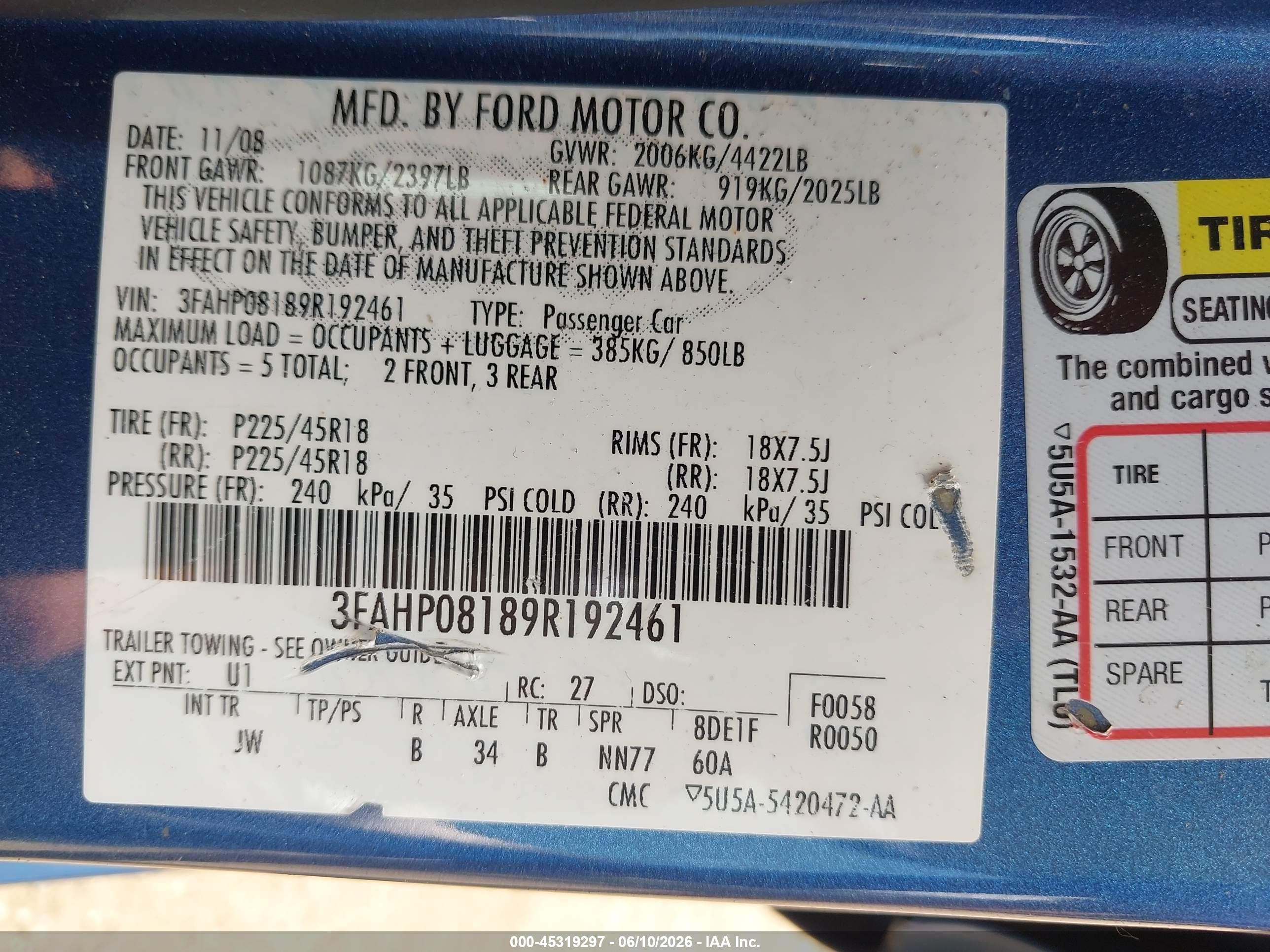 2009 Ford Fusion Sel Light Blue vin: 3FAHP08189R192461