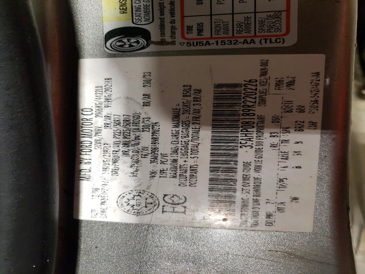 2009 Ford Fusion Sel Tan vin: 3FAHP08189R220226