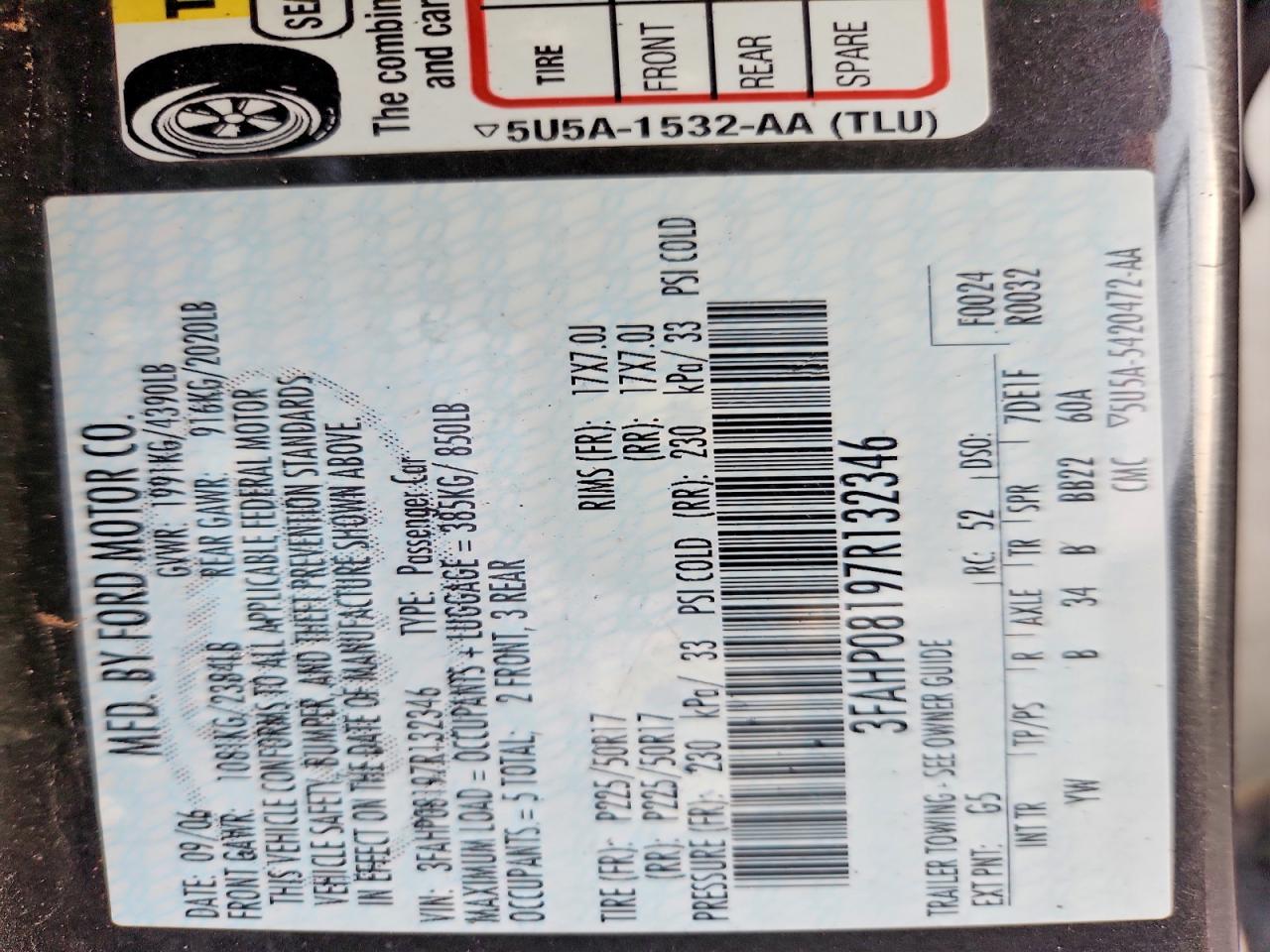 2007 Ford Fusion Sel Charcoal vin: 3FAHP08197R132346
