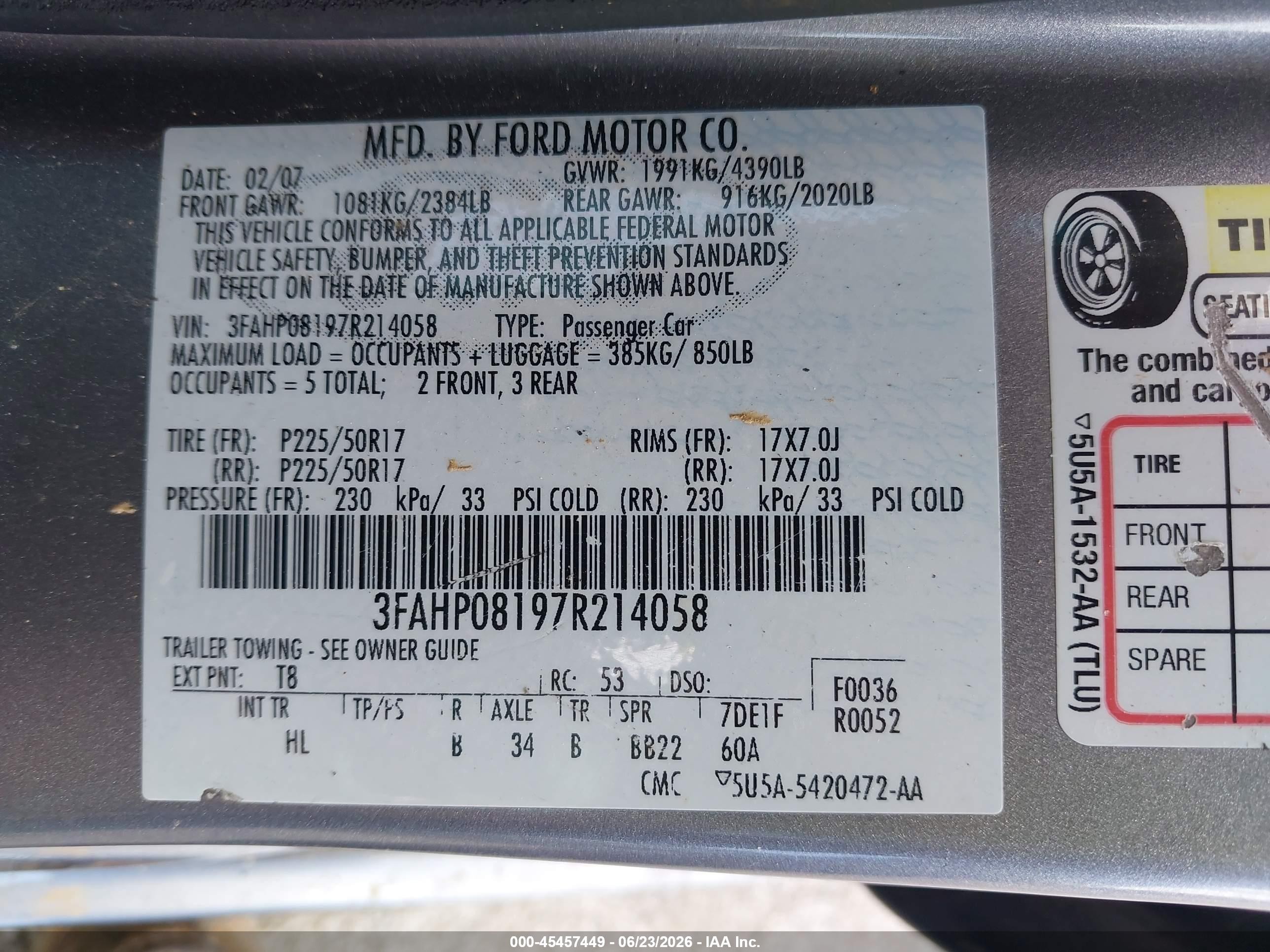 2007 Ford Fusion Sel Silver vin: 3FAHP08197R214058