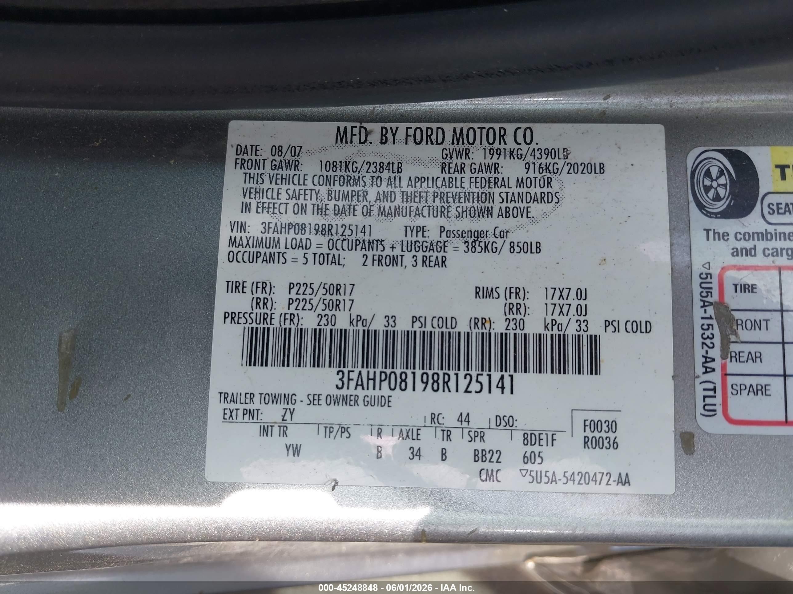 2008 Ford Fusion Sel Серебряный vin: 3FAHP08198R125141