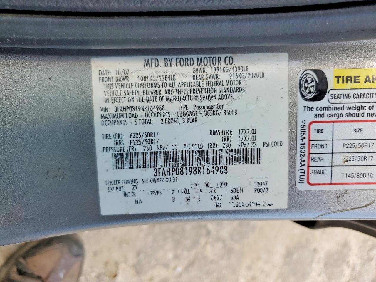 2008 Ford Fusion Sel Gray vin: 3FAHP08198R164988