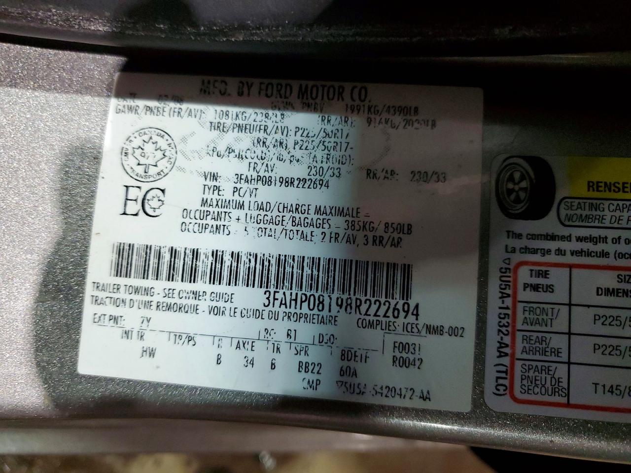 2008 Ford Fusion Sel Gray vin: 3FAHP08198R222694