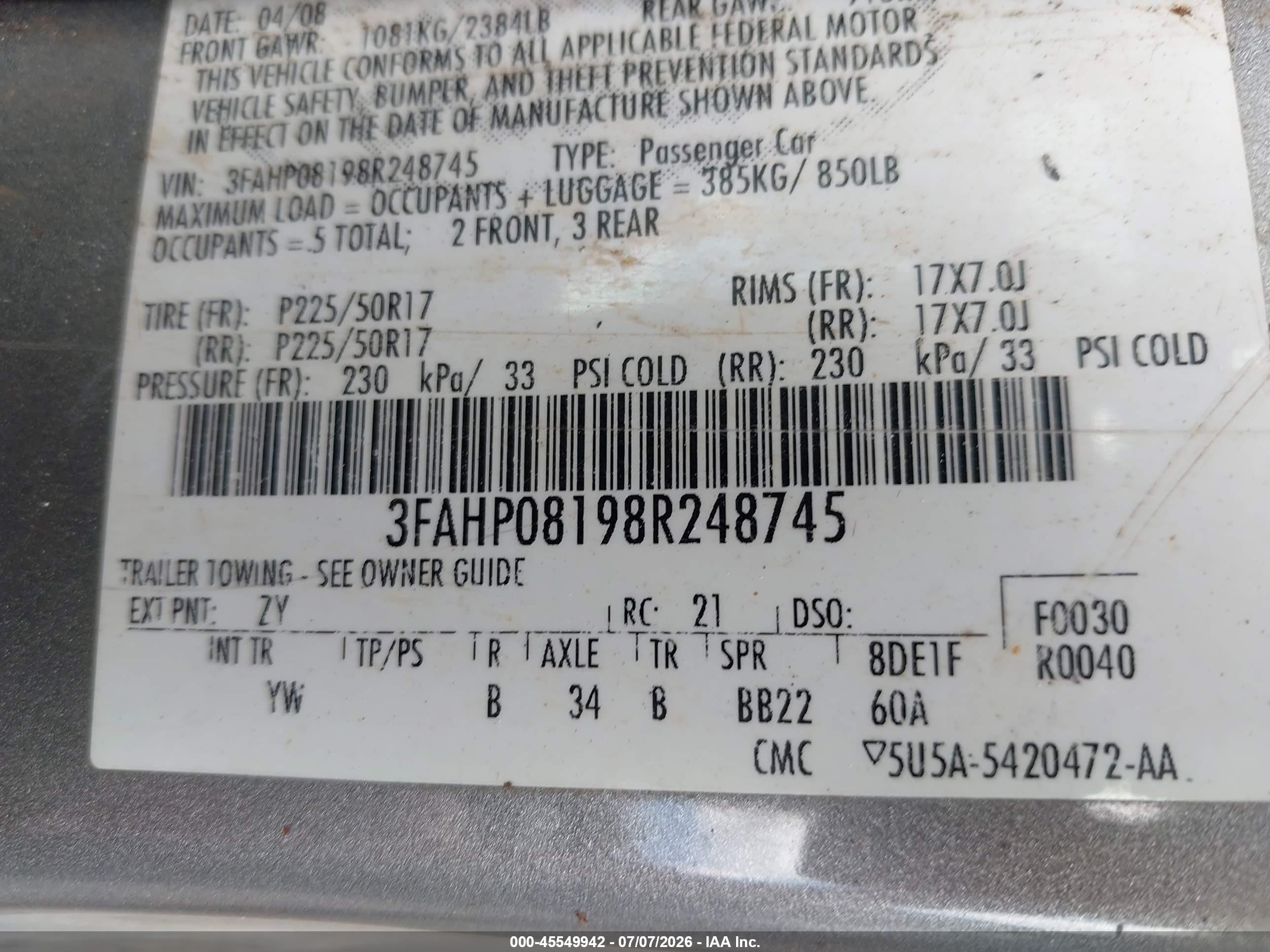 2008 Ford Fusion Sel Silver vin: 3FAHP08198R248745