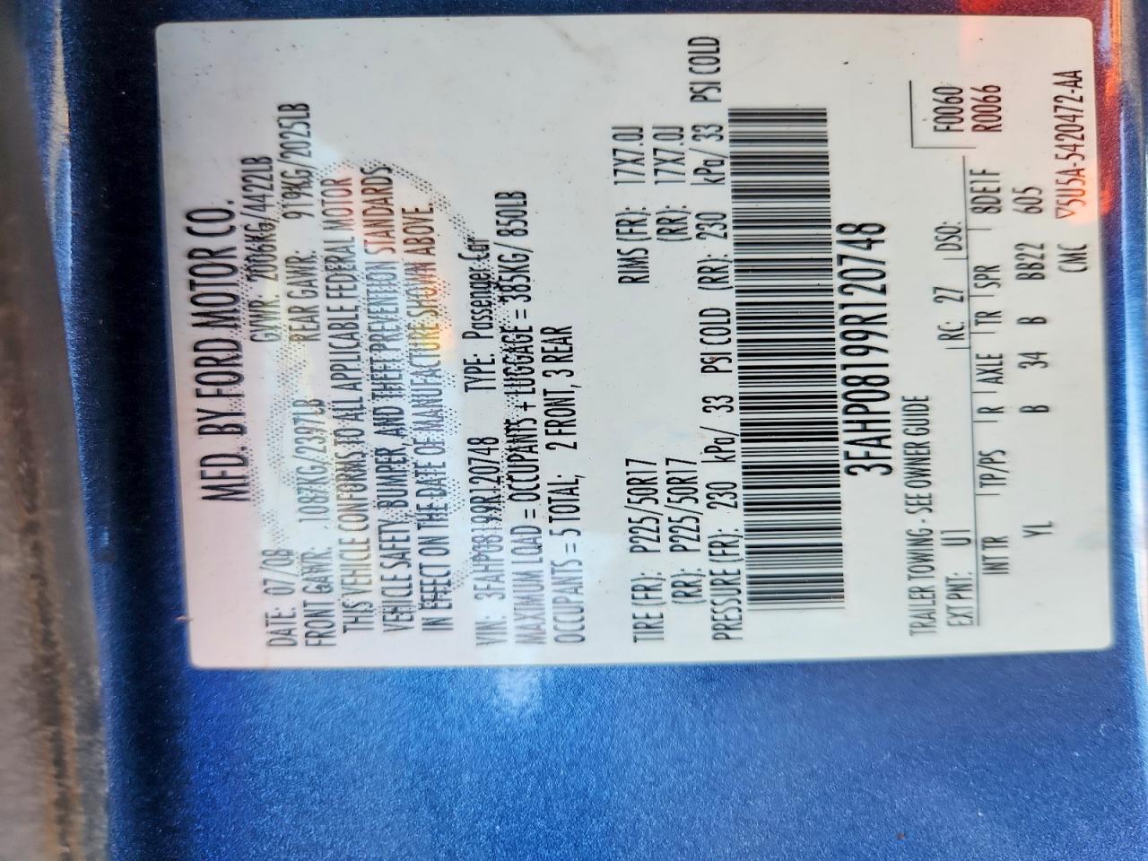 2009 Ford Fusion Sel Blue vin: 3FAHP08199R120748