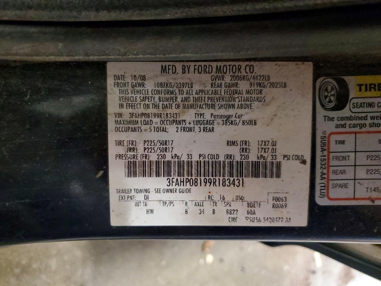 2009 Ford Fusion Sel Blue vin: 3FAHP08199R183431