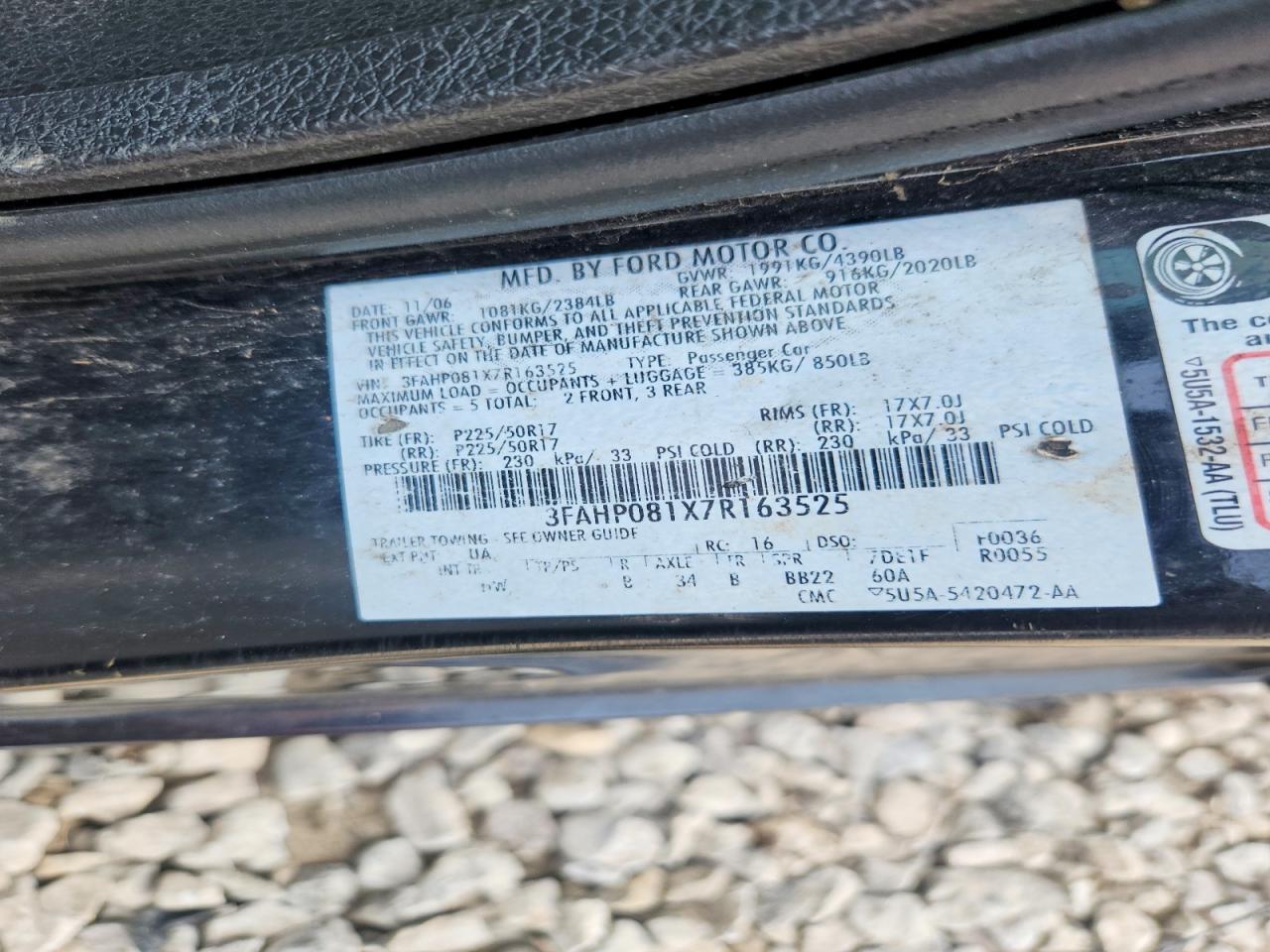 2007 Ford Fusion Sel Black vin: 3FAHP081X7R163525