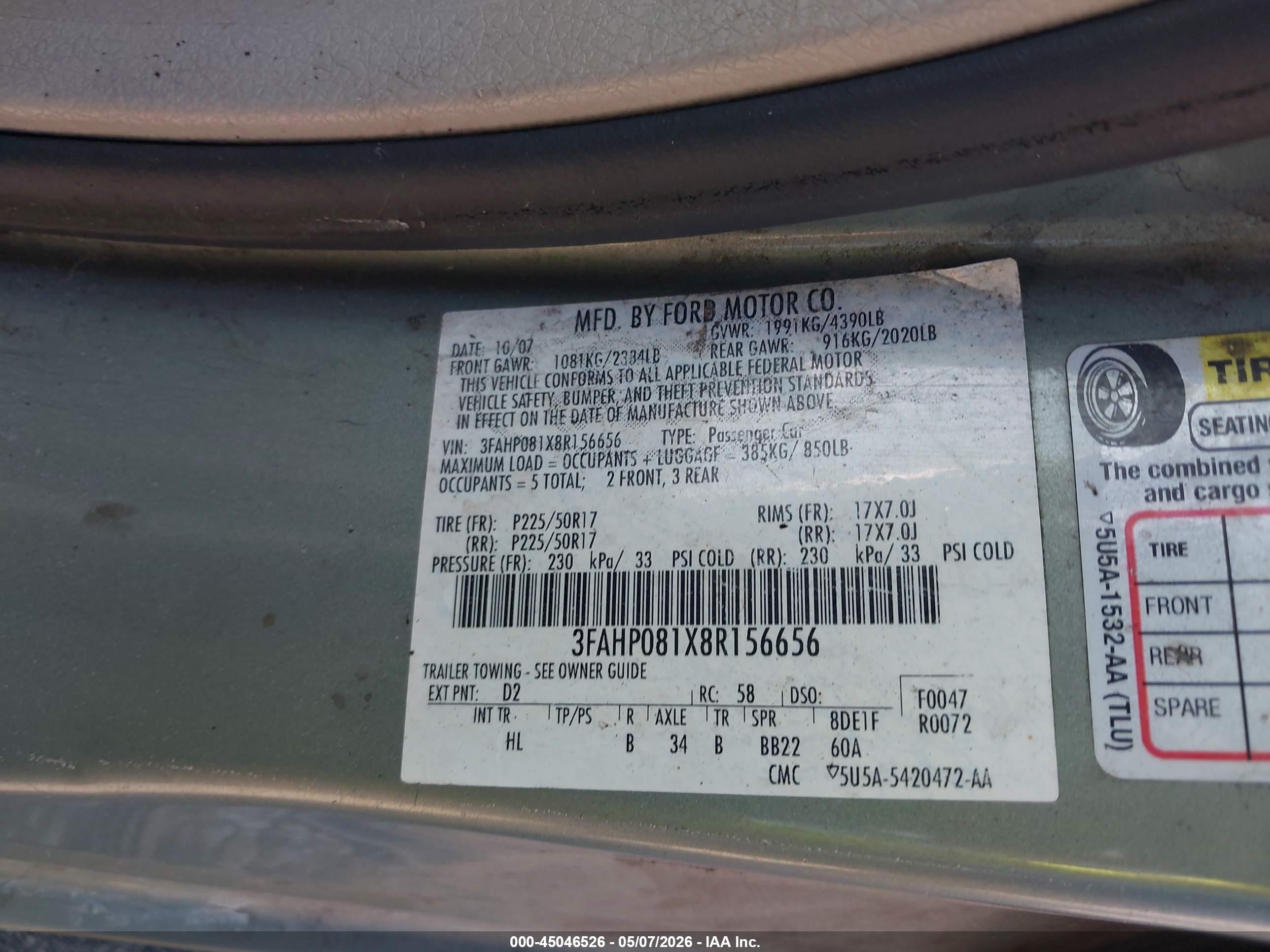 2008 Ford Fusion Sel Gray vin: 3FAHP081X8R156656