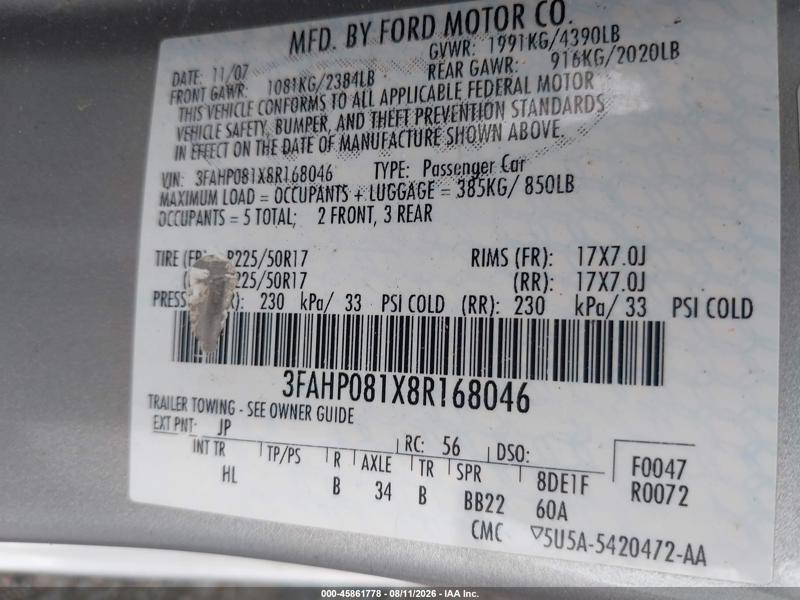 2008 Ford Fusion Sel Серебряный vin: 3FAHP081X8R168046