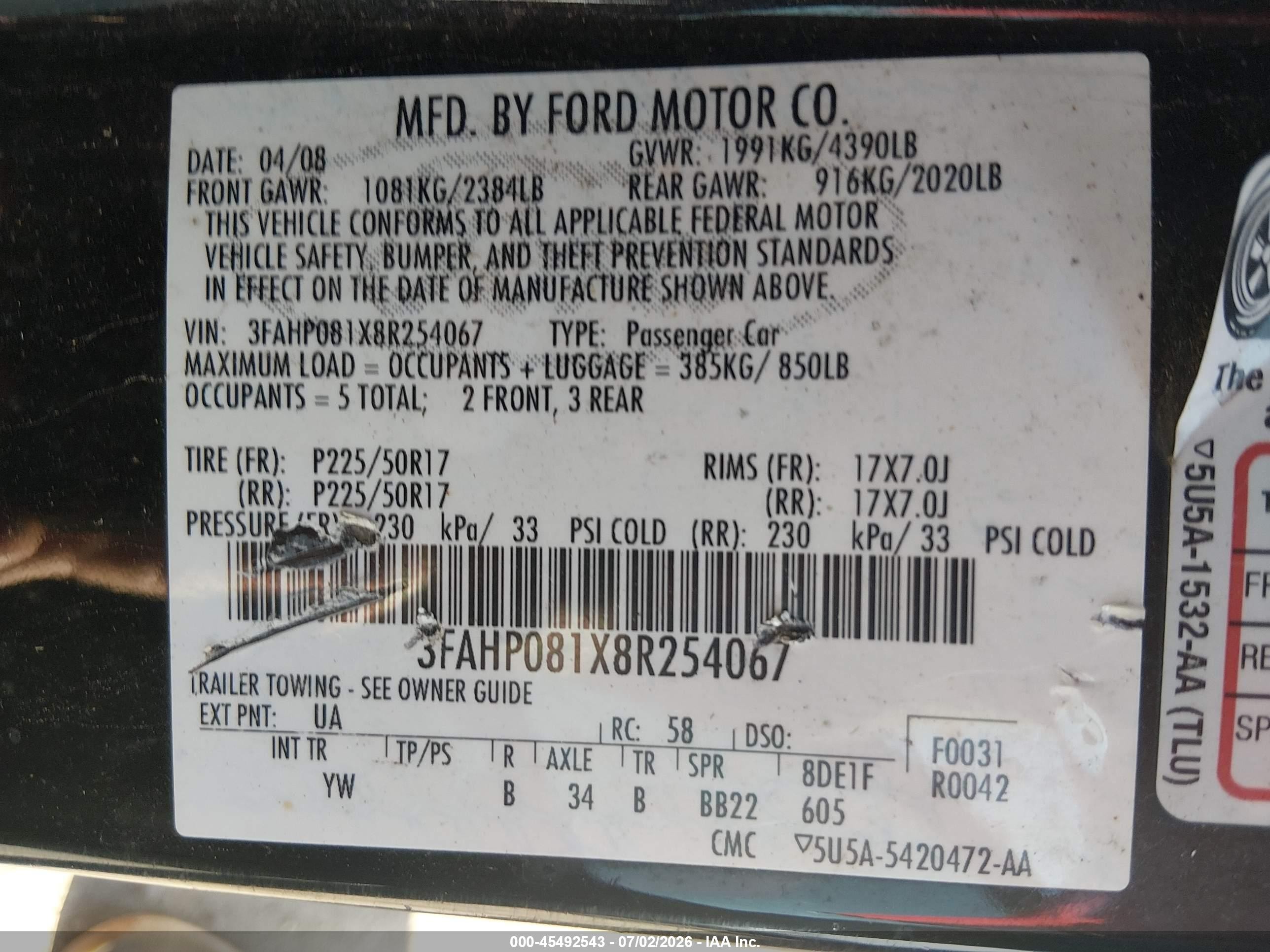 2008 Ford Fusion Sel Black vin: 3FAHP081X8R254067