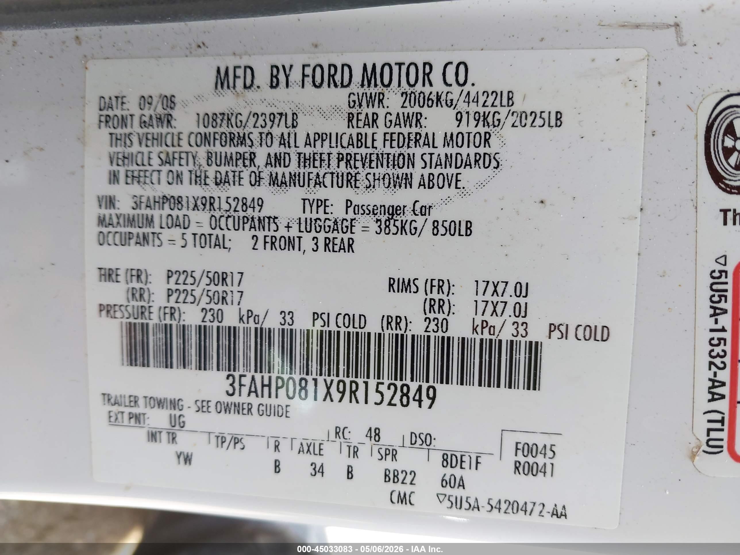 2009 Ford Fusion Sel White vin: 3FAHP081X9R152849