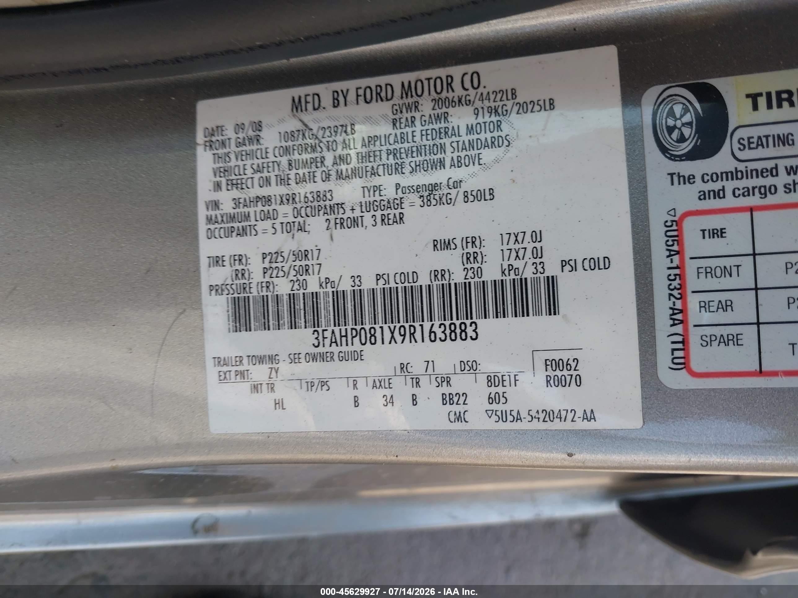 2009 Ford Fusion Sel Silver vin: 3FAHP081X9R163883