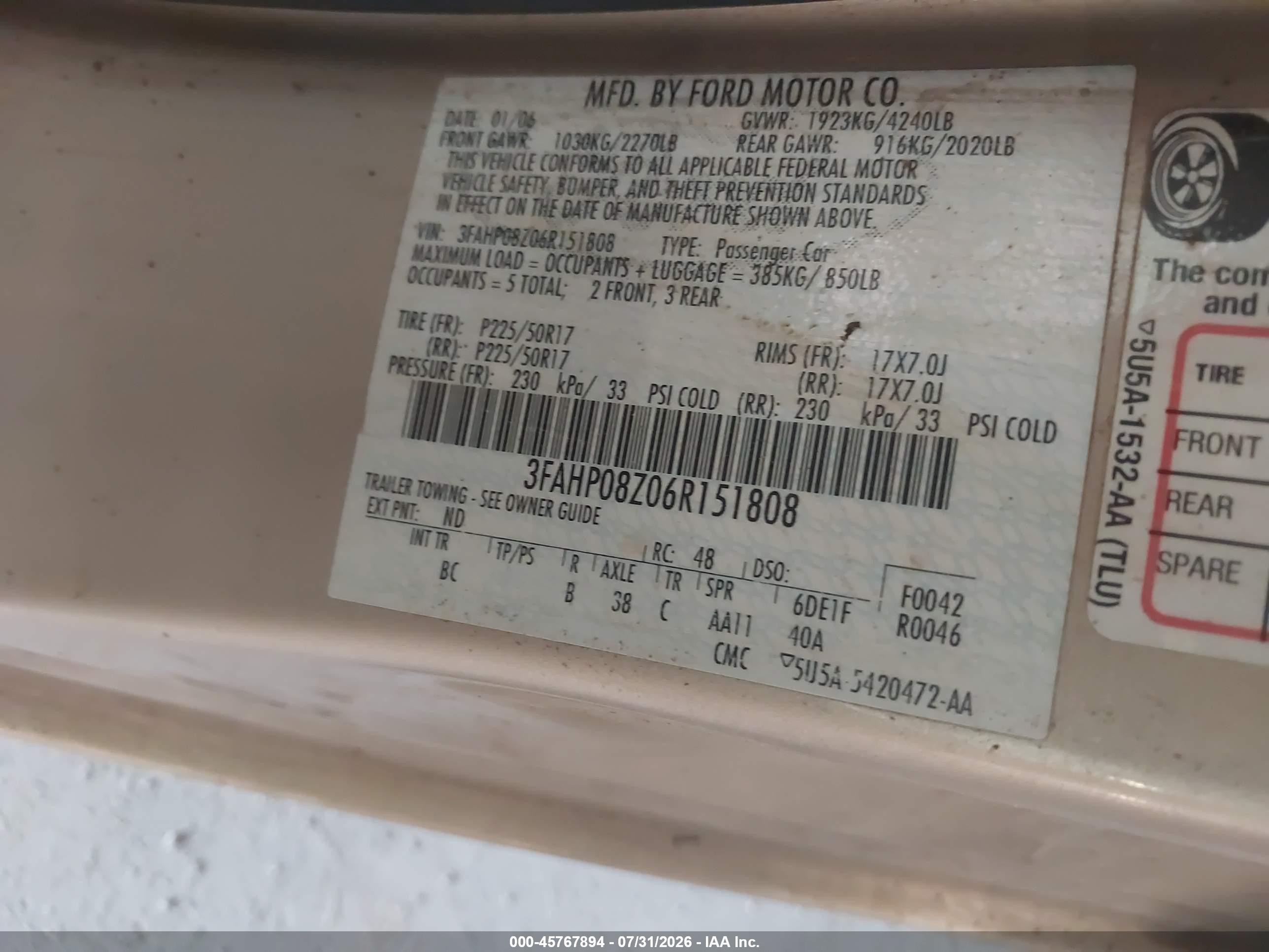 2006 Ford Fusion Sel Gold vin: 3FAHP08Z06R151808