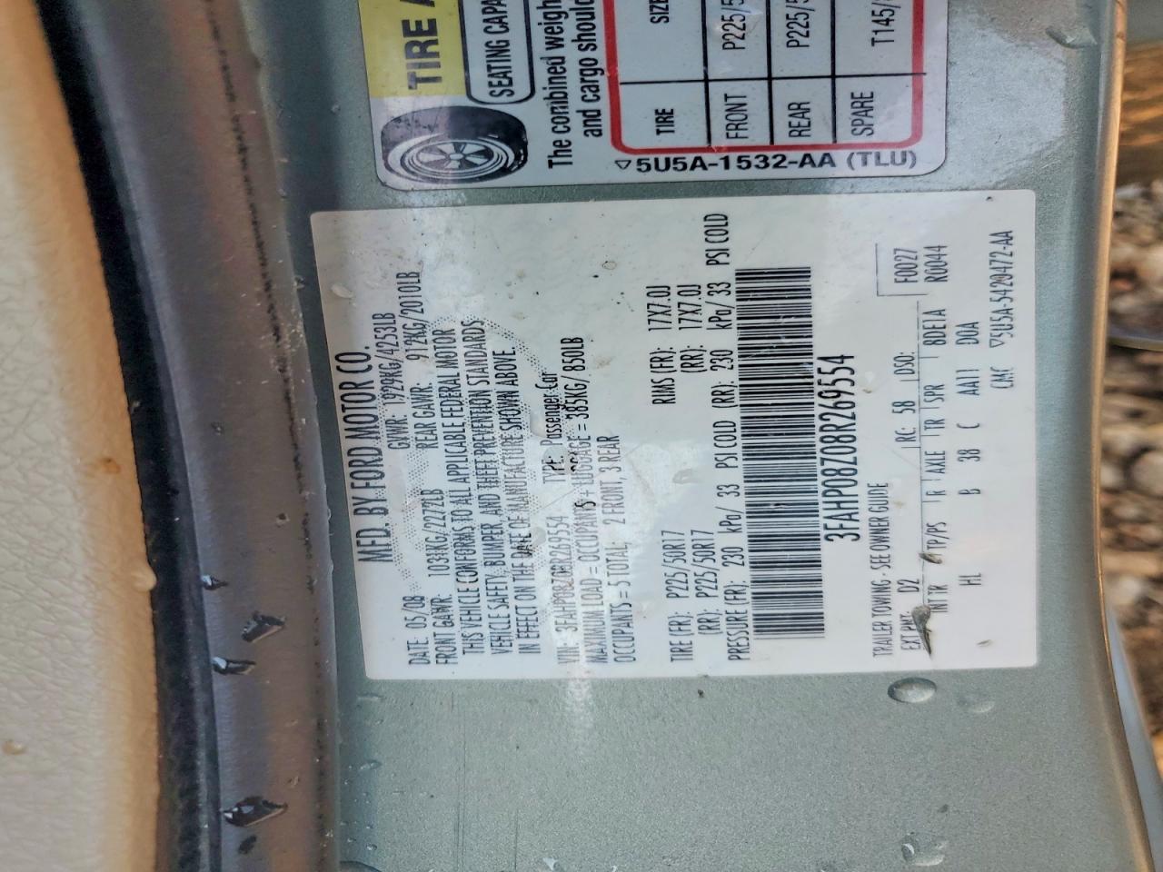 2008 Ford Fusion Sel Green vin: 3FAHP08Z08R269554