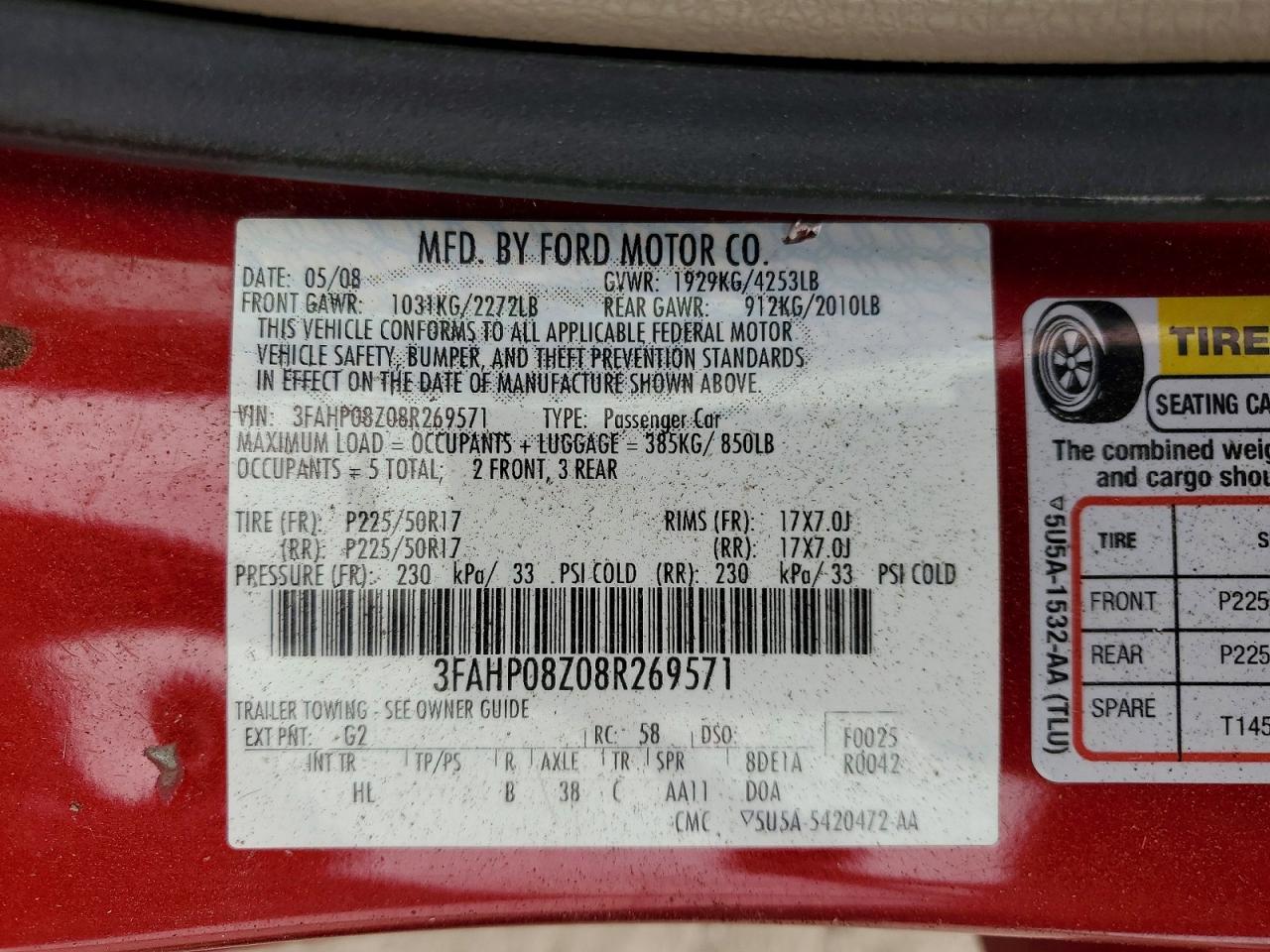 2008 Ford Fusion Sel Red vin: 3FAHP08Z08R269571