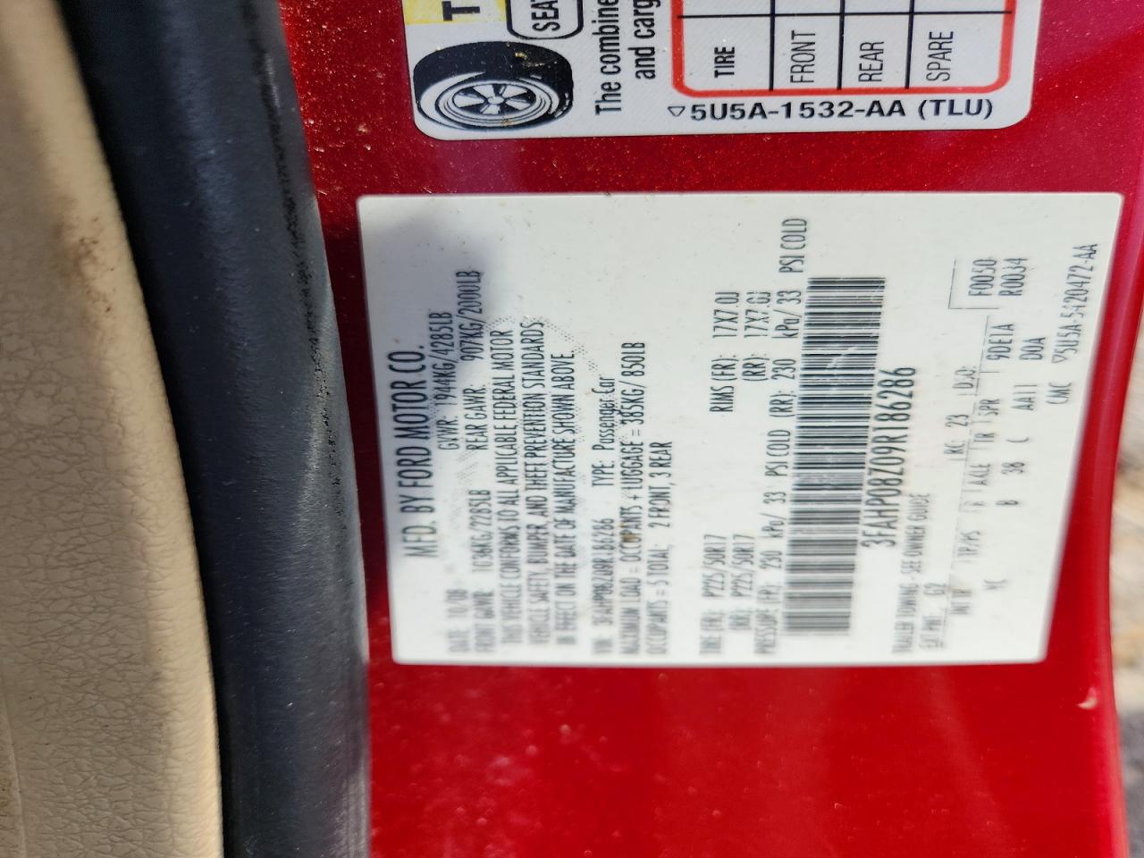 2009 Ford Fusion Sel Red vin: 3FAHP08Z09R186286