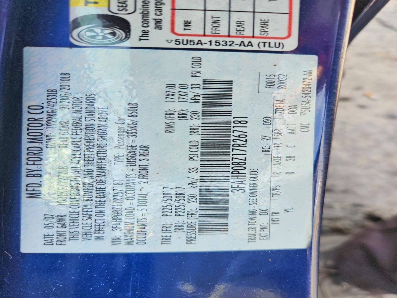 2007 Ford Fusion Sel Blue vin: 3FAHP08Z17R267181