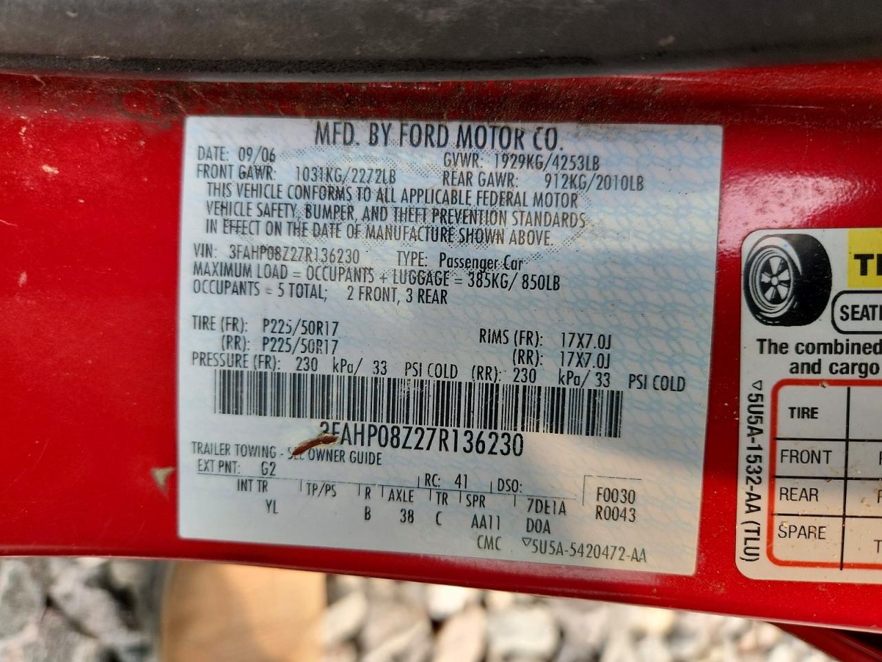 2007 Ford Fusion Sel Red vin: 3FAHP08Z27R136230