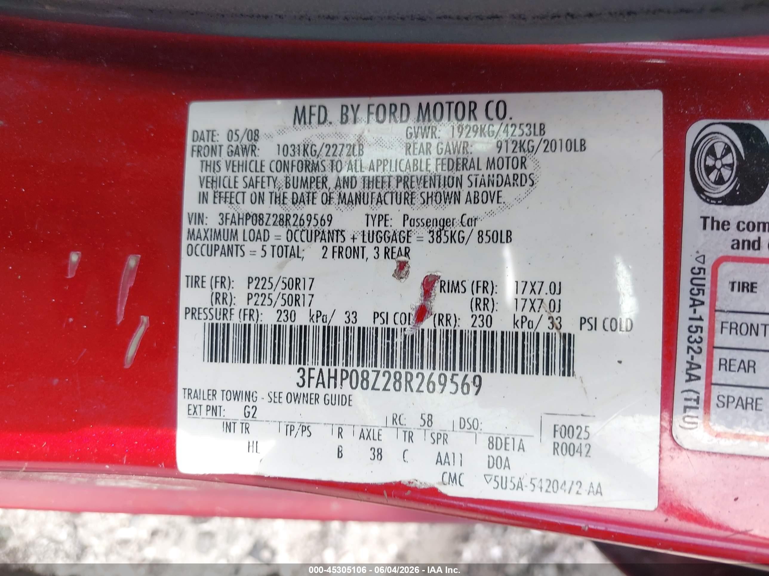 2008 Ford Fusion Sel Red vin: 3FAHP08Z28R269569