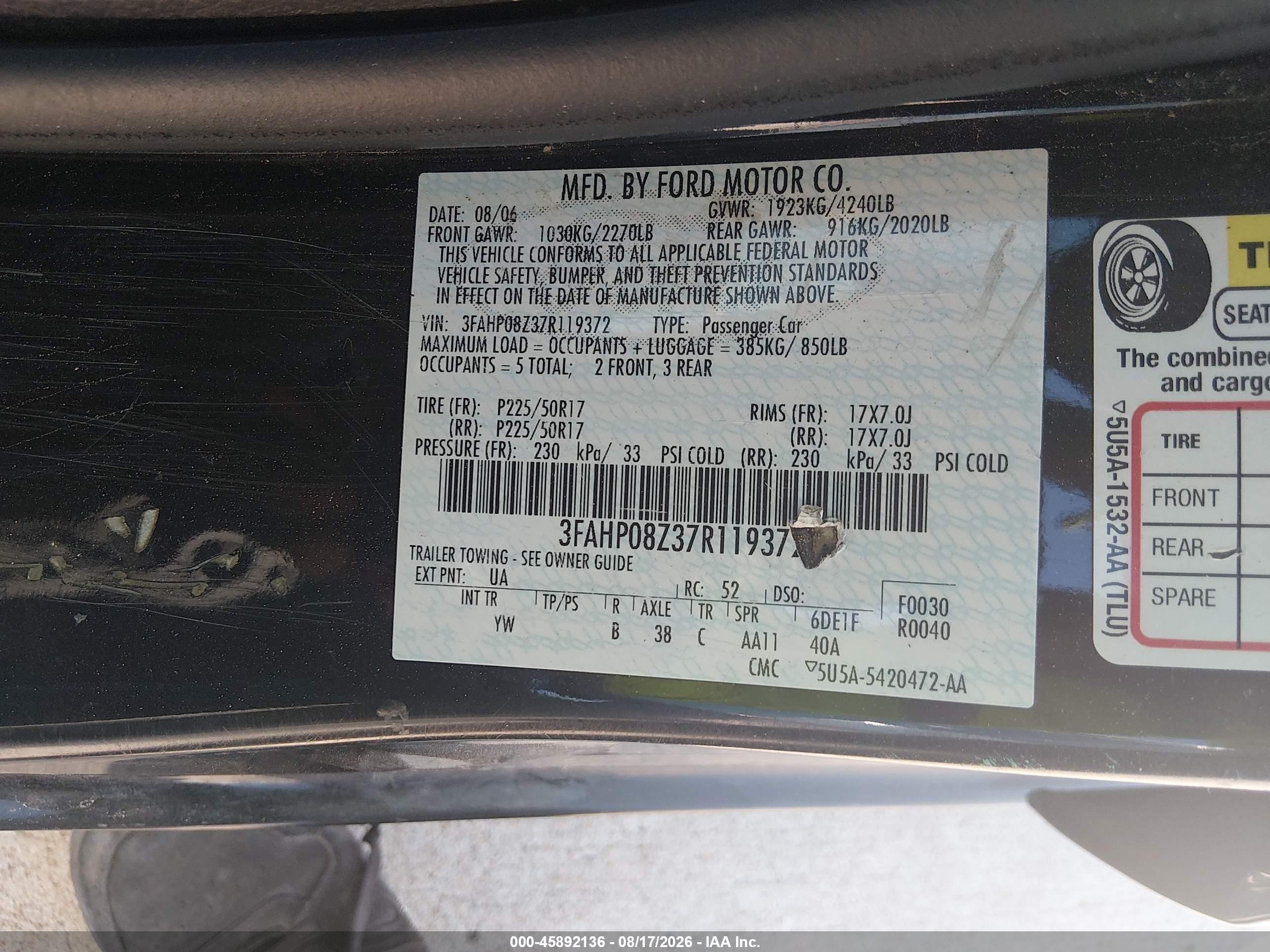 2007 Ford Fusion Sel Black vin: 3FAHP08Z37R119372