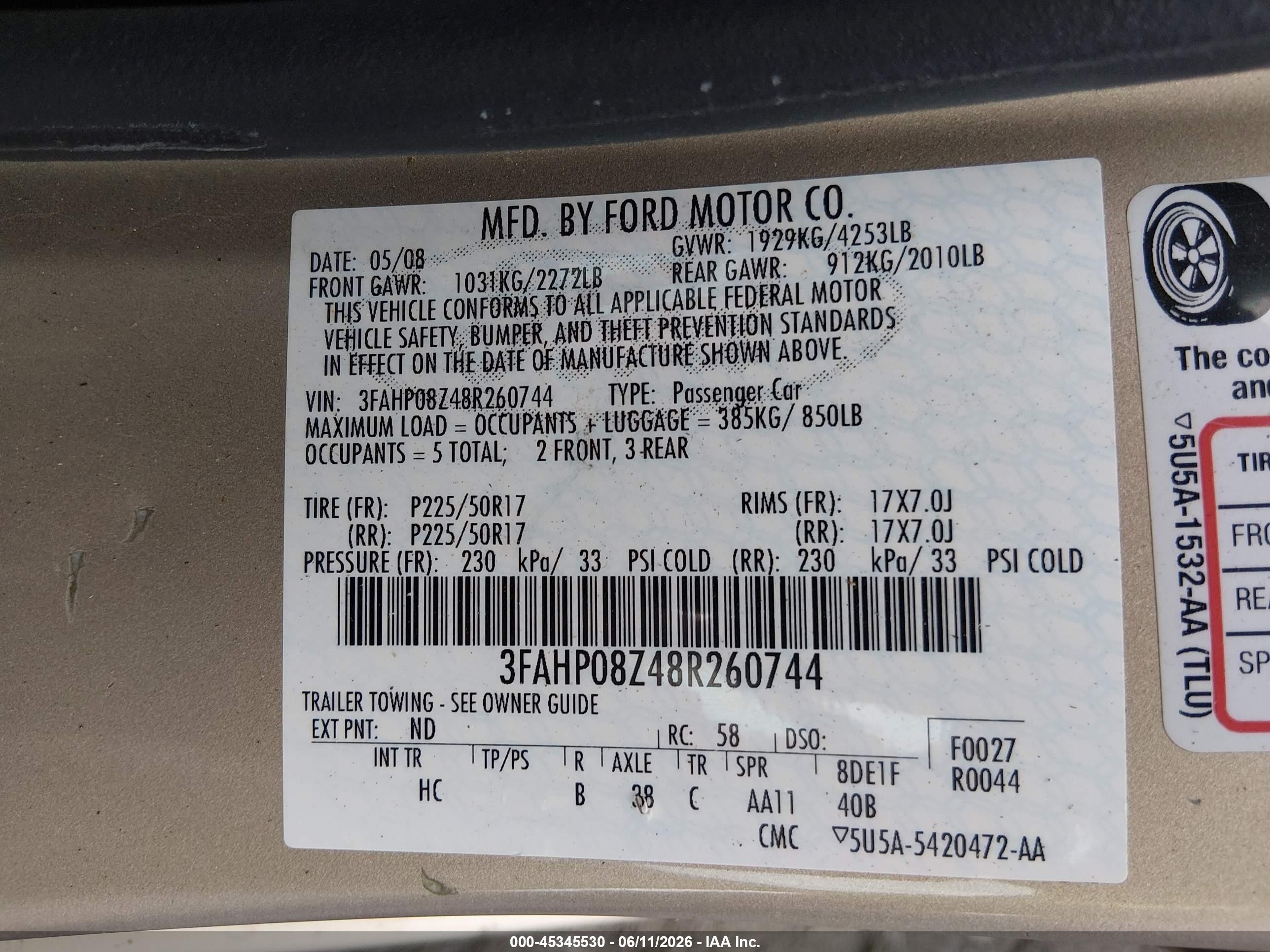 2008 Ford Fusion Sel Золотой vin: 3FAHP08Z48R260744
