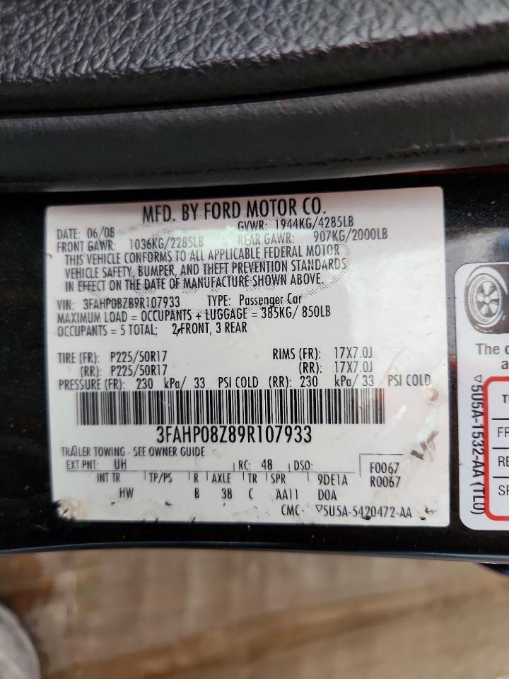 2009 Ford Fusion Sel Black vin: 3FAHP08Z89R107933