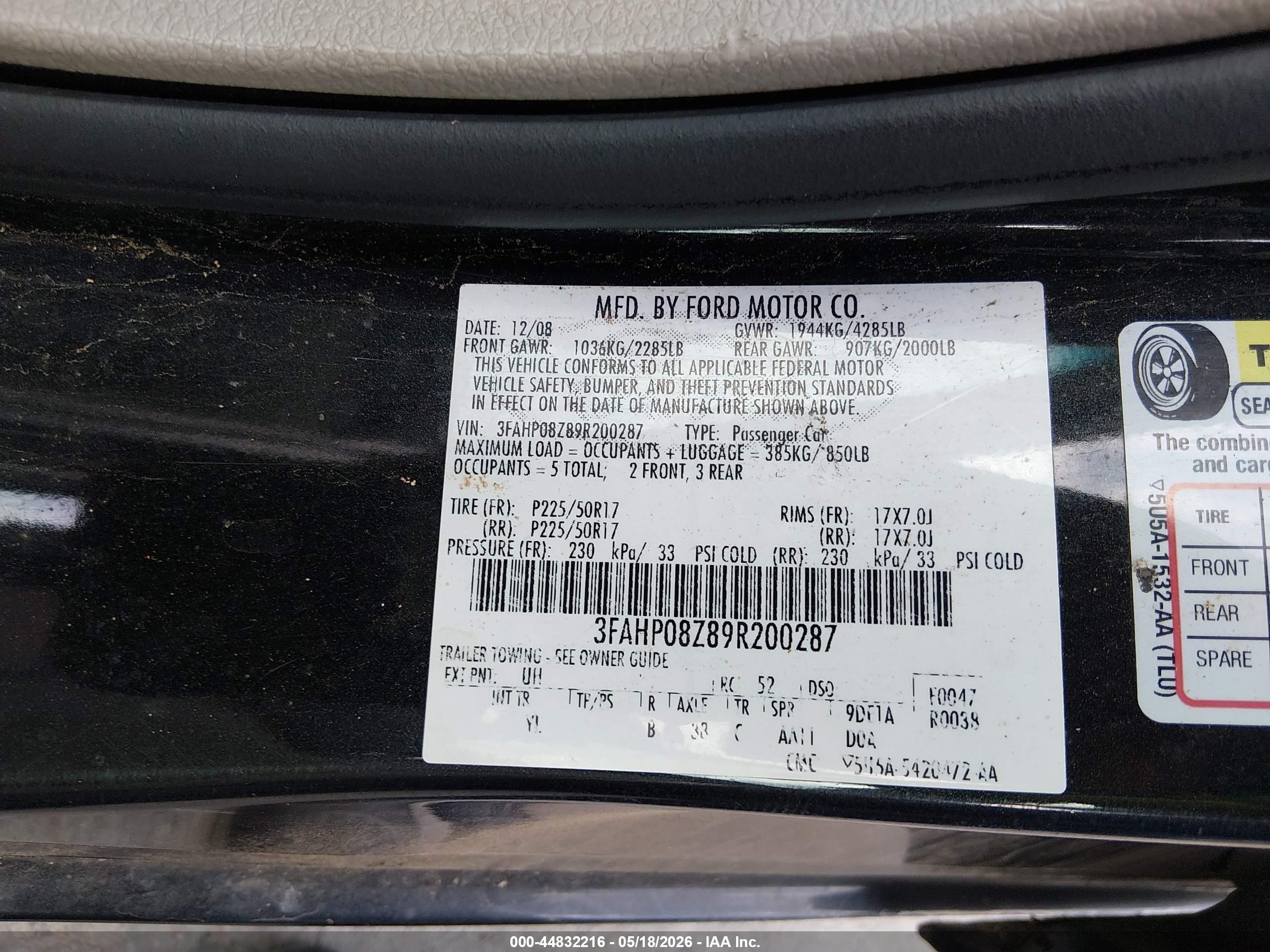 2009 Ford Fusion Sel Black vin: 3FAHP08Z89R200287