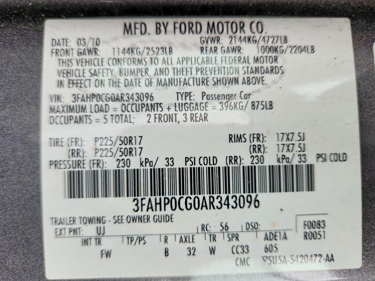 2010 Ford Fusion Sel Gray vin: 3FAHP0CG0AR343096