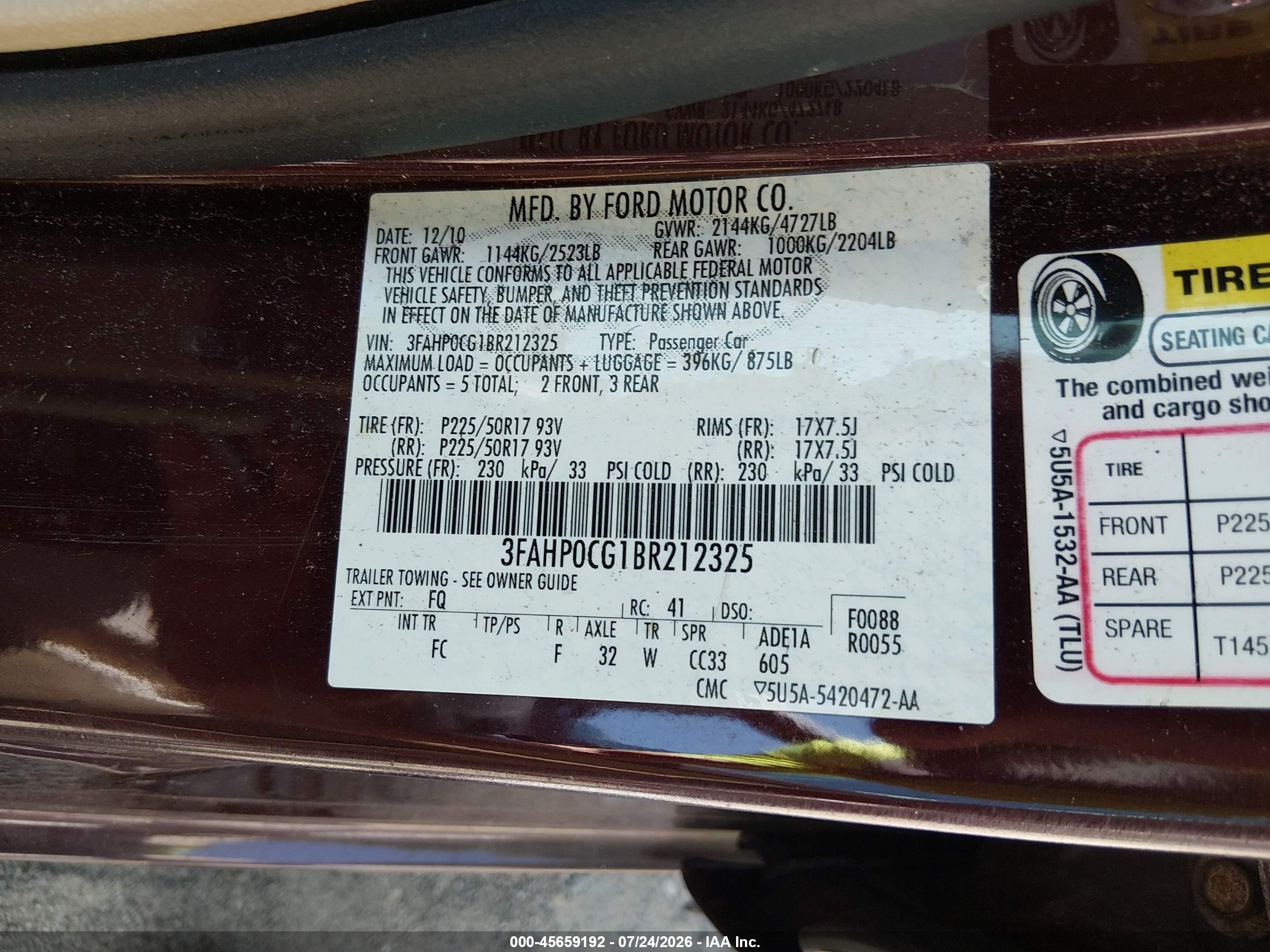 2011 Ford Fusion Sel Burgundy vin: 3FAHP0CG1BR212325