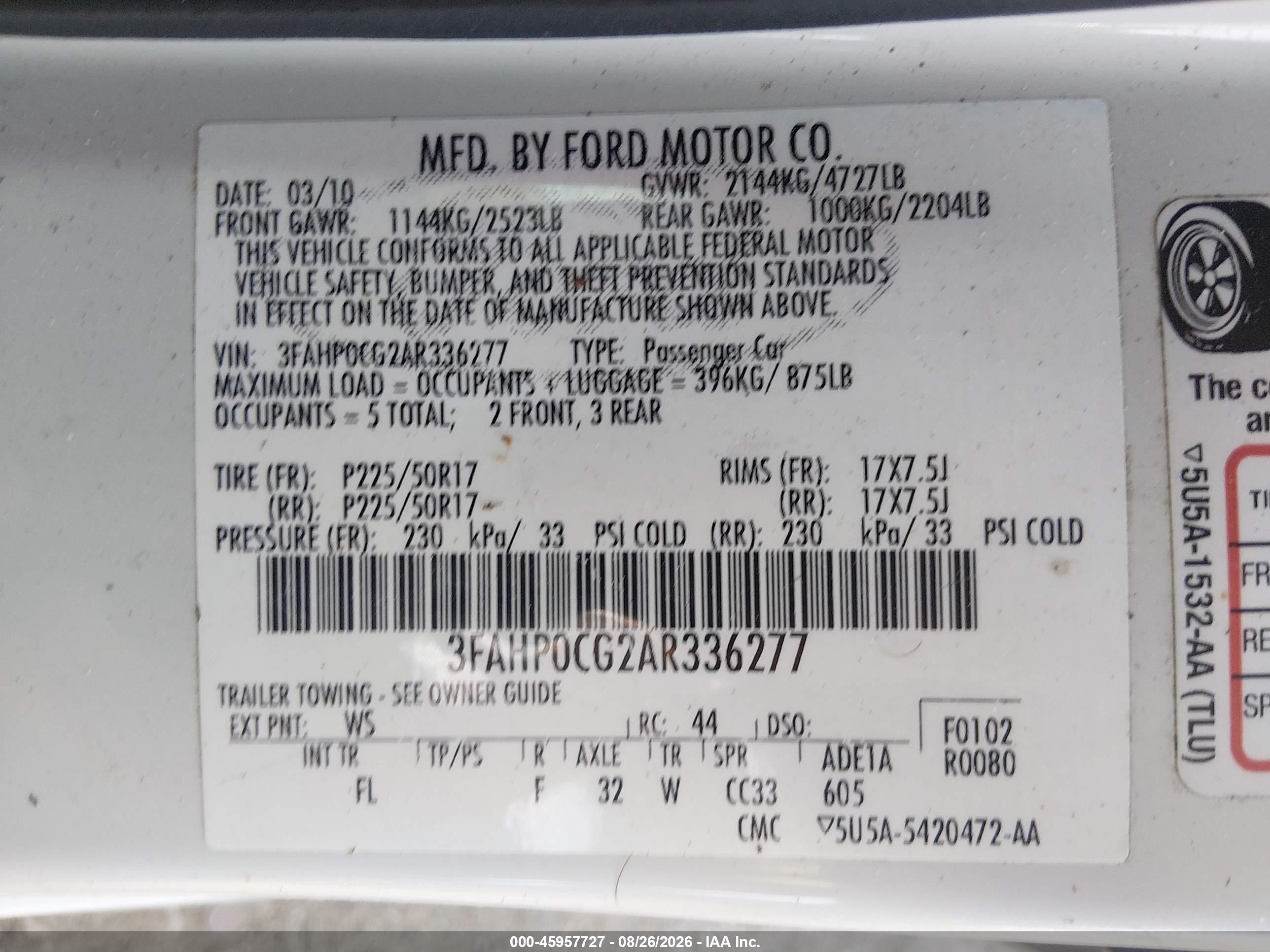 2010 Ford Fusion Sel White vin: 3FAHP0CG2AR336277