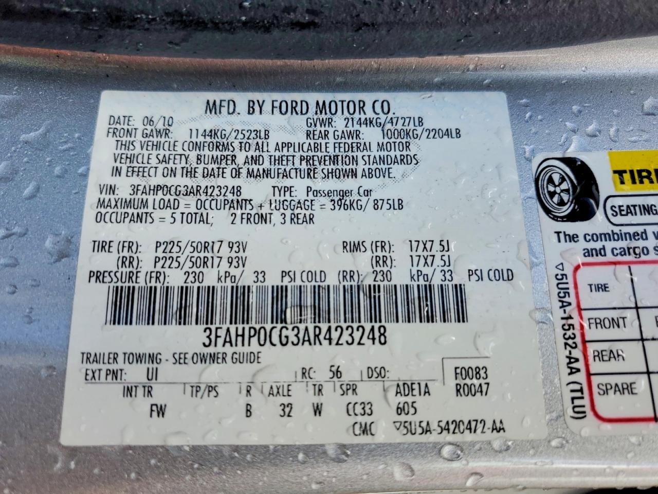 2010 Ford Fusion Sel Silver vin: 3FAHP0CG3AR423248