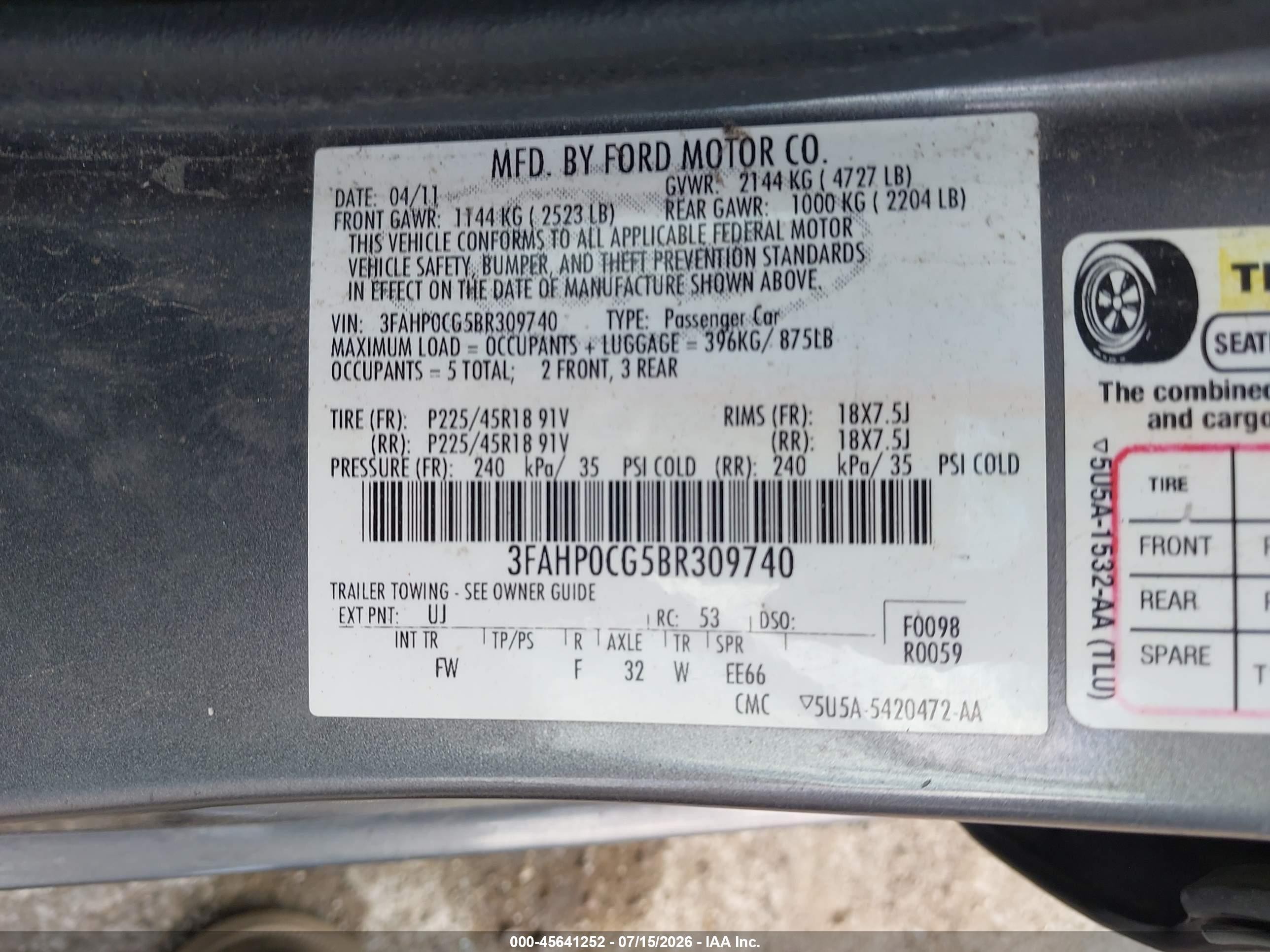 2011 Ford Fusion Sel Gray vin: 3FAHP0CG5BR309740