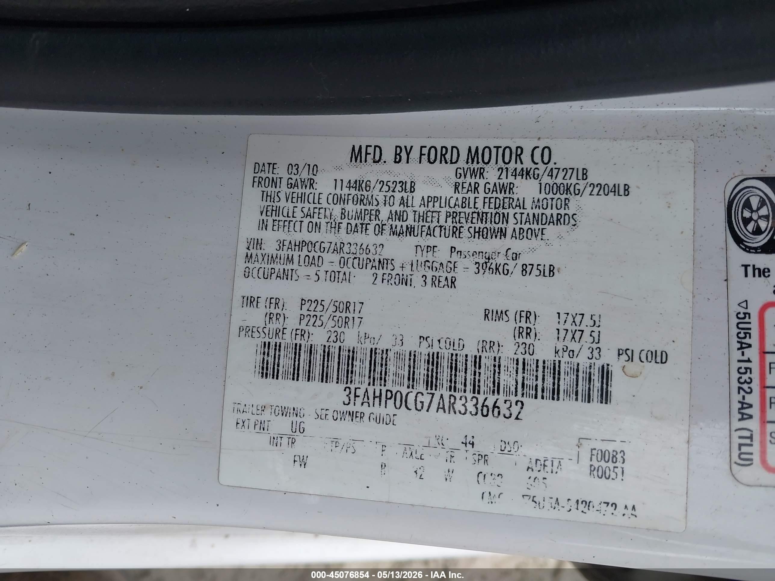 2010 Ford Fusion Sel White vin: 3FAHP0CG7AR336632