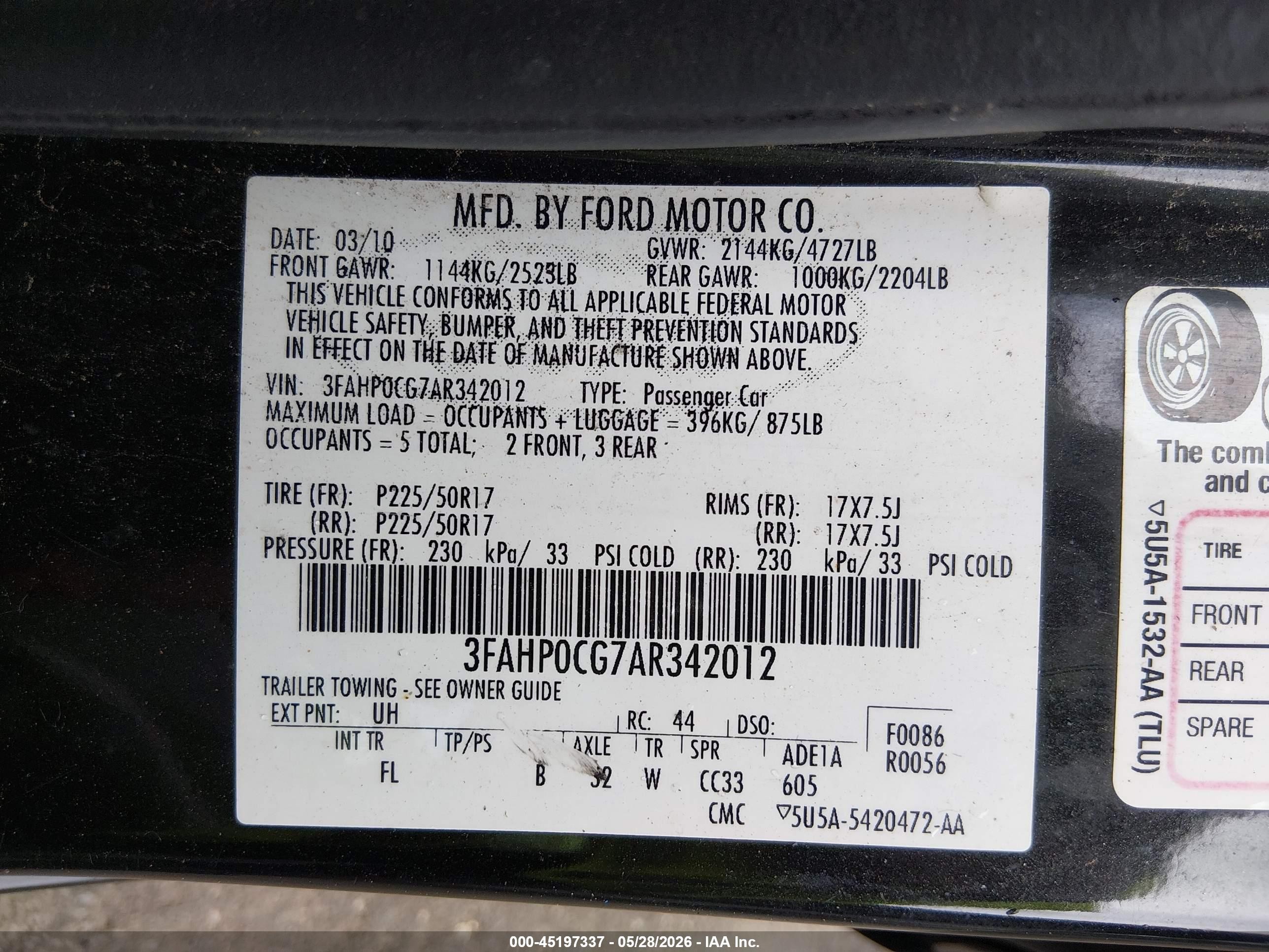2010 Ford Fusion Sel Black vin: 3FAHP0CG7AR342012