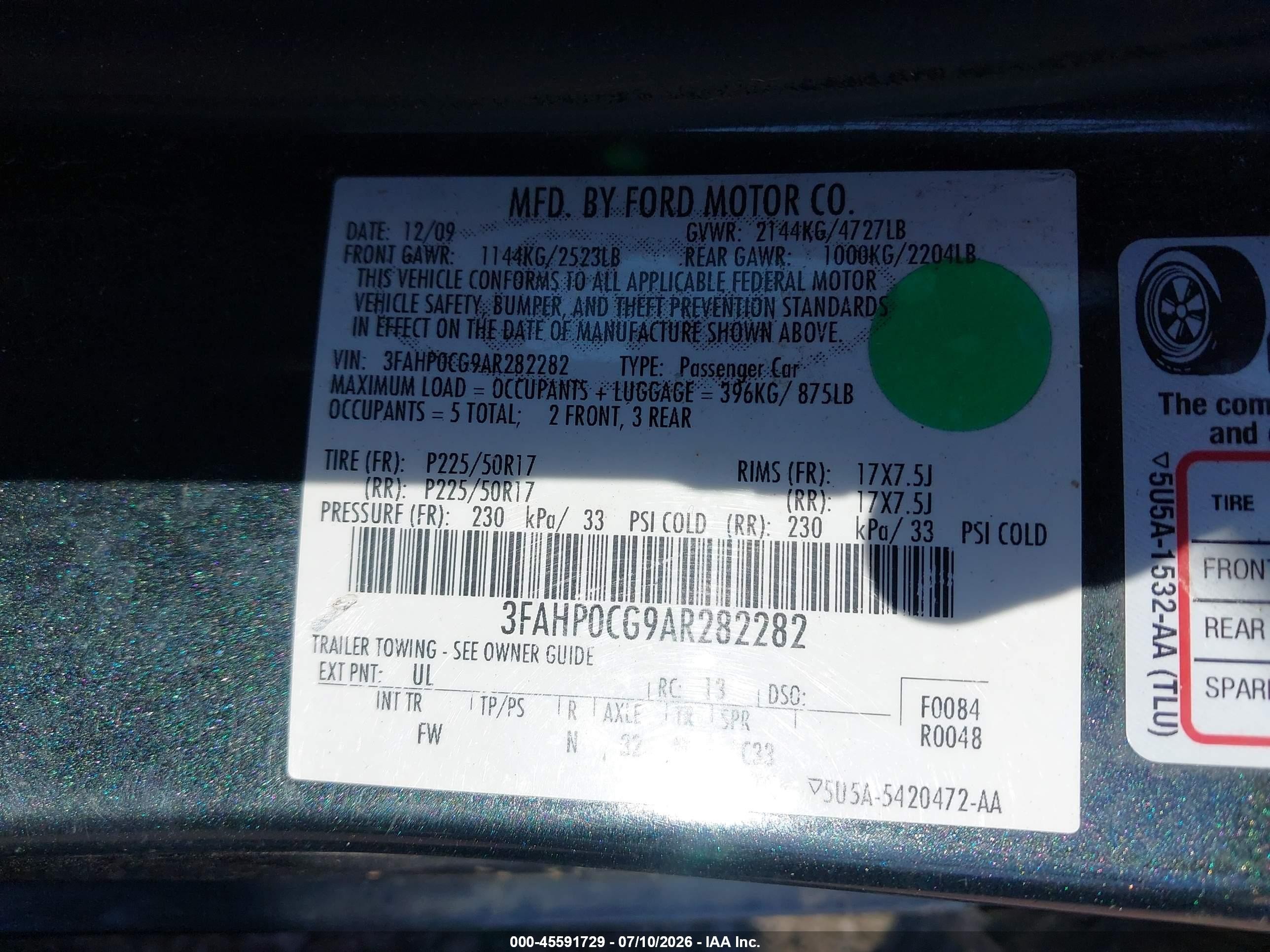 2010 Ford Fusion Sel Black vin: 3FAHP0CG9AR282282