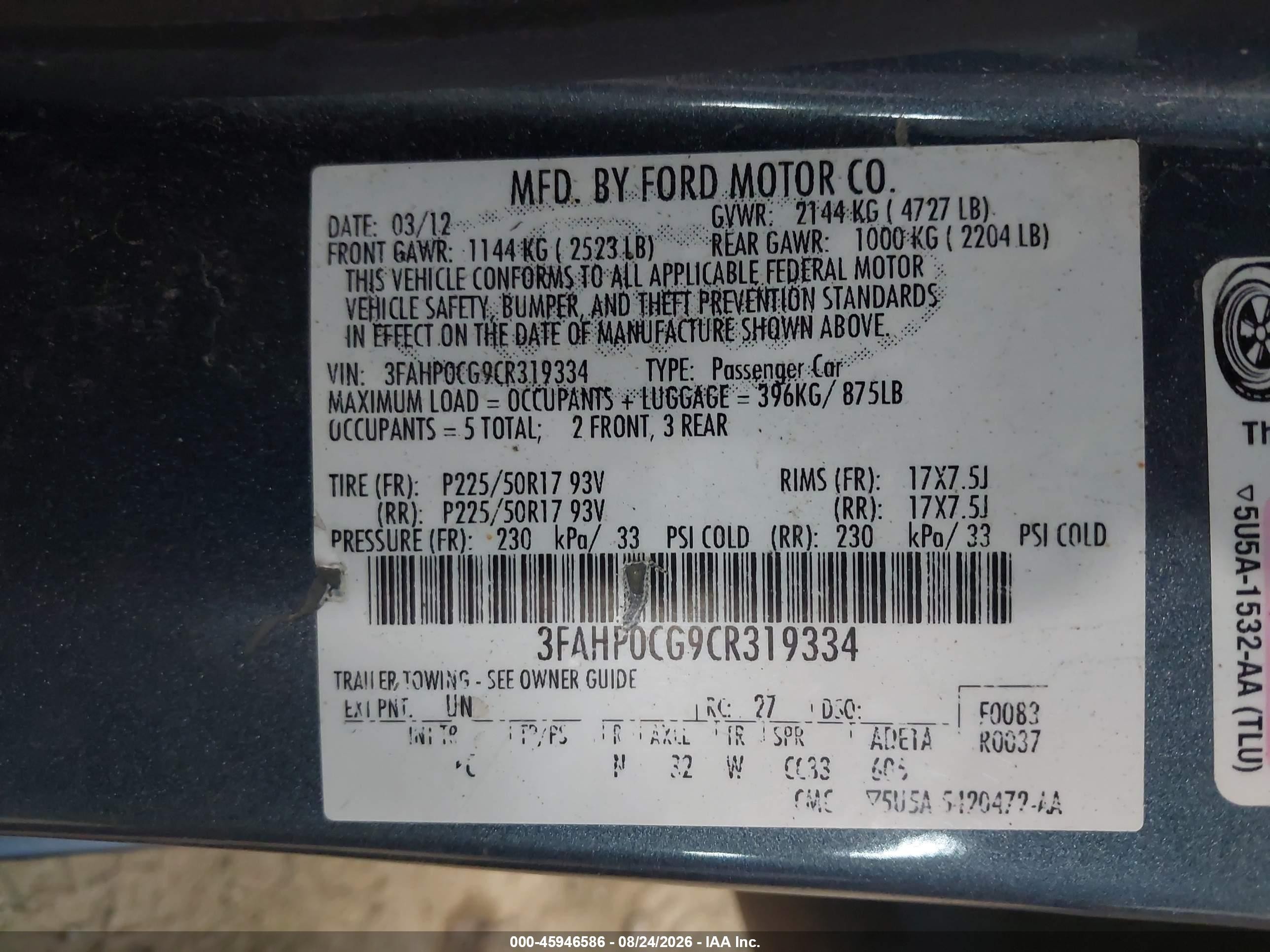 2012 Ford Fusion Sel Blue vin: 3FAHP0CG9CR319334
