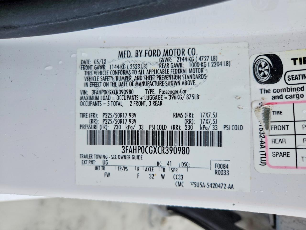 2012 Ford Fusion Sel White vin: 3FAHP0CGXCR390980