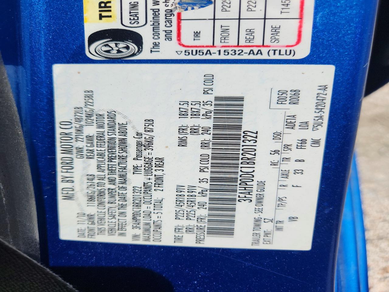 2011 Ford Fusion Sport Blue vin: 3FAHP0DC1BR201322