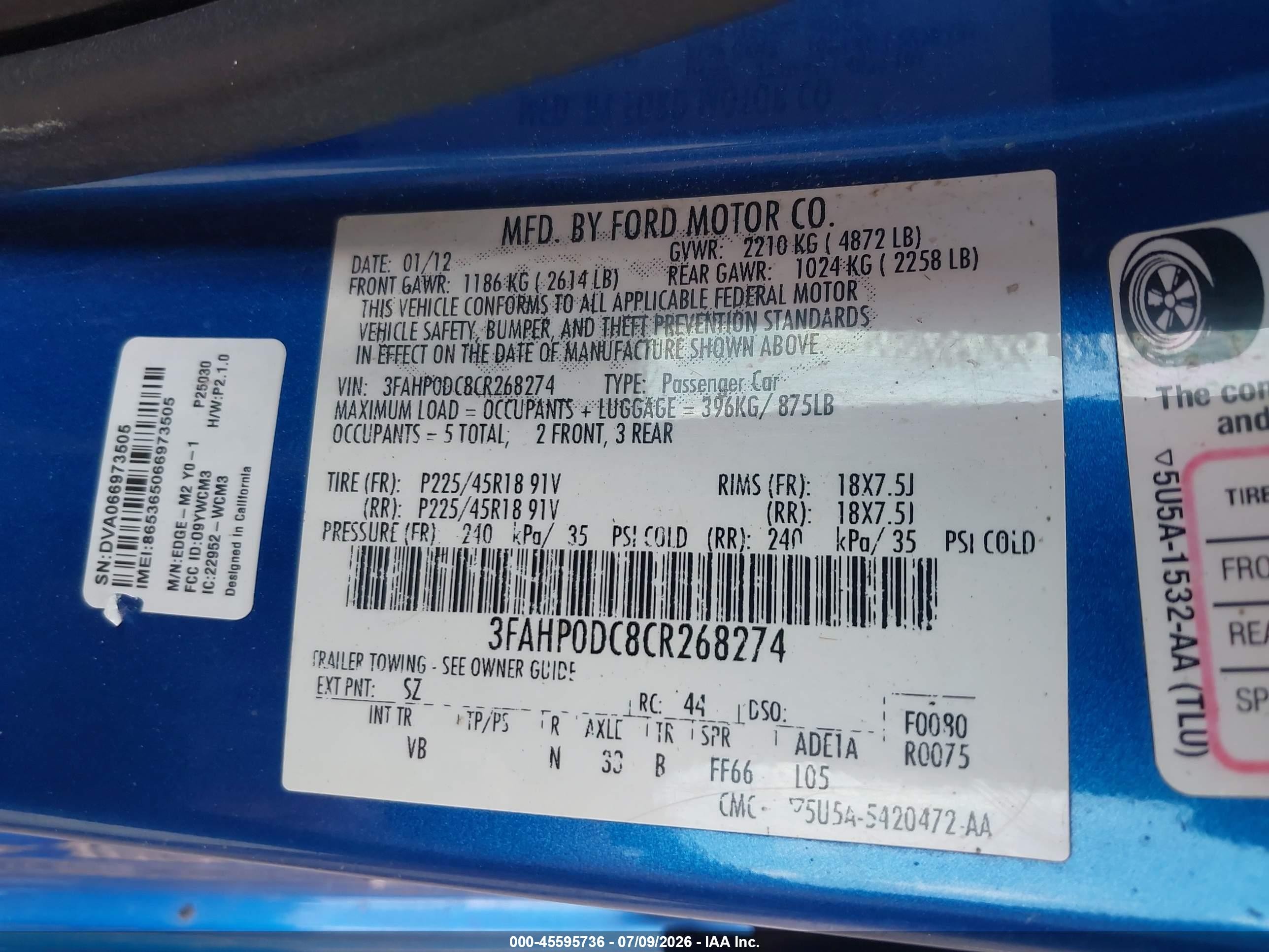 2012 Ford Fusion Sport Blue vin: 3FAHP0DC8CR268274