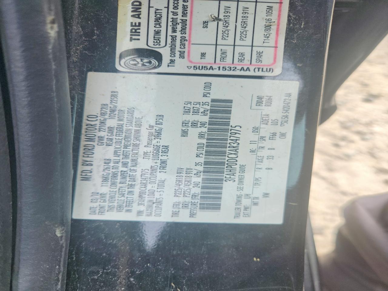 2010 Ford Fusion Sport Black vin: 3FAHP0DCXAR347975