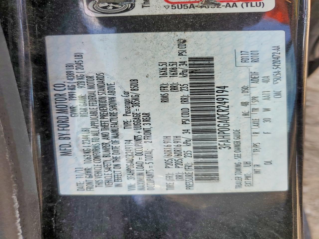 2012 Ford Fusion S Black vin: 3FAHP0GA0CR249194