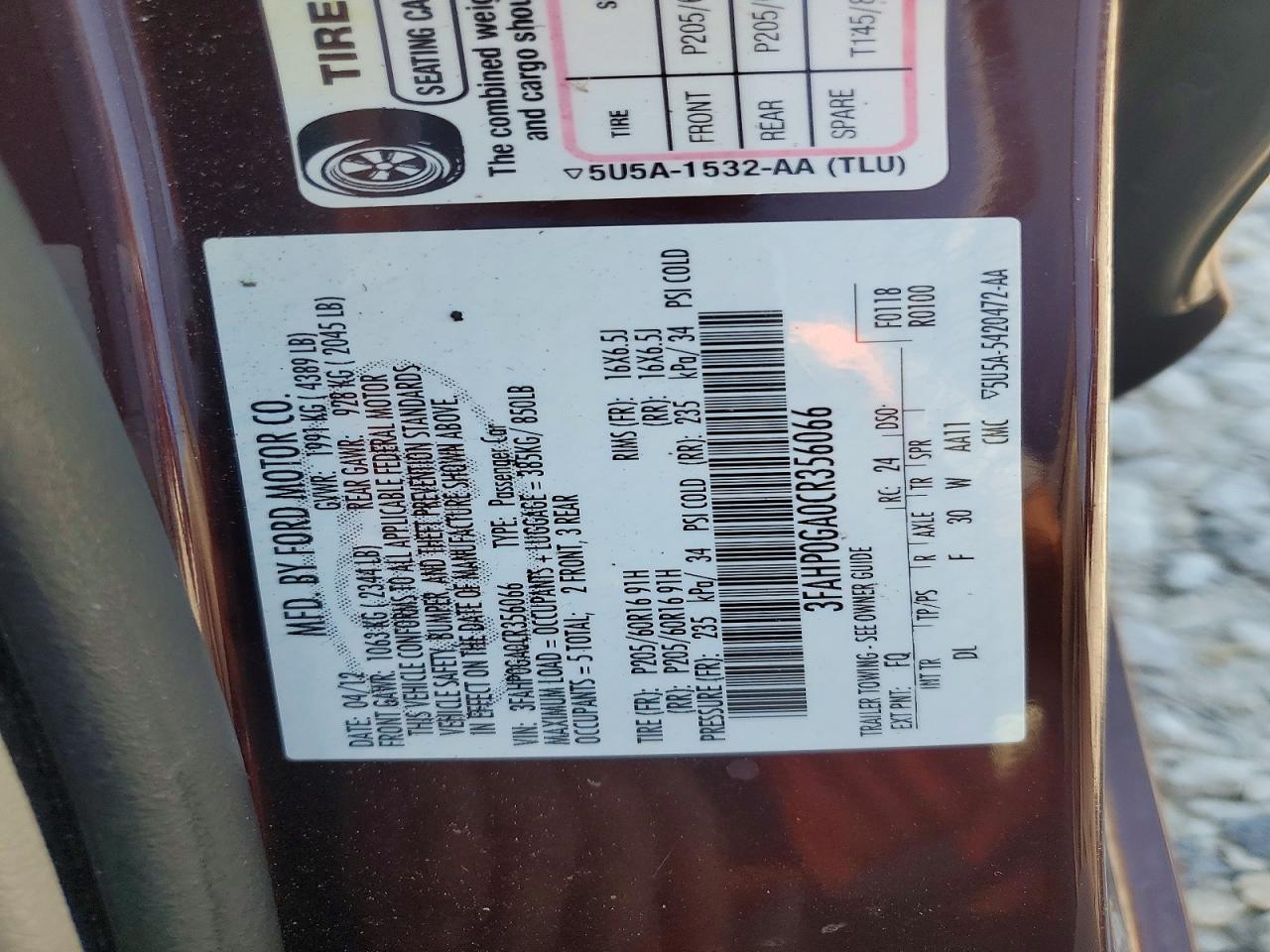 2012 Ford Fusion S Бордовый vin: 3FAHP0GA0CR356066
