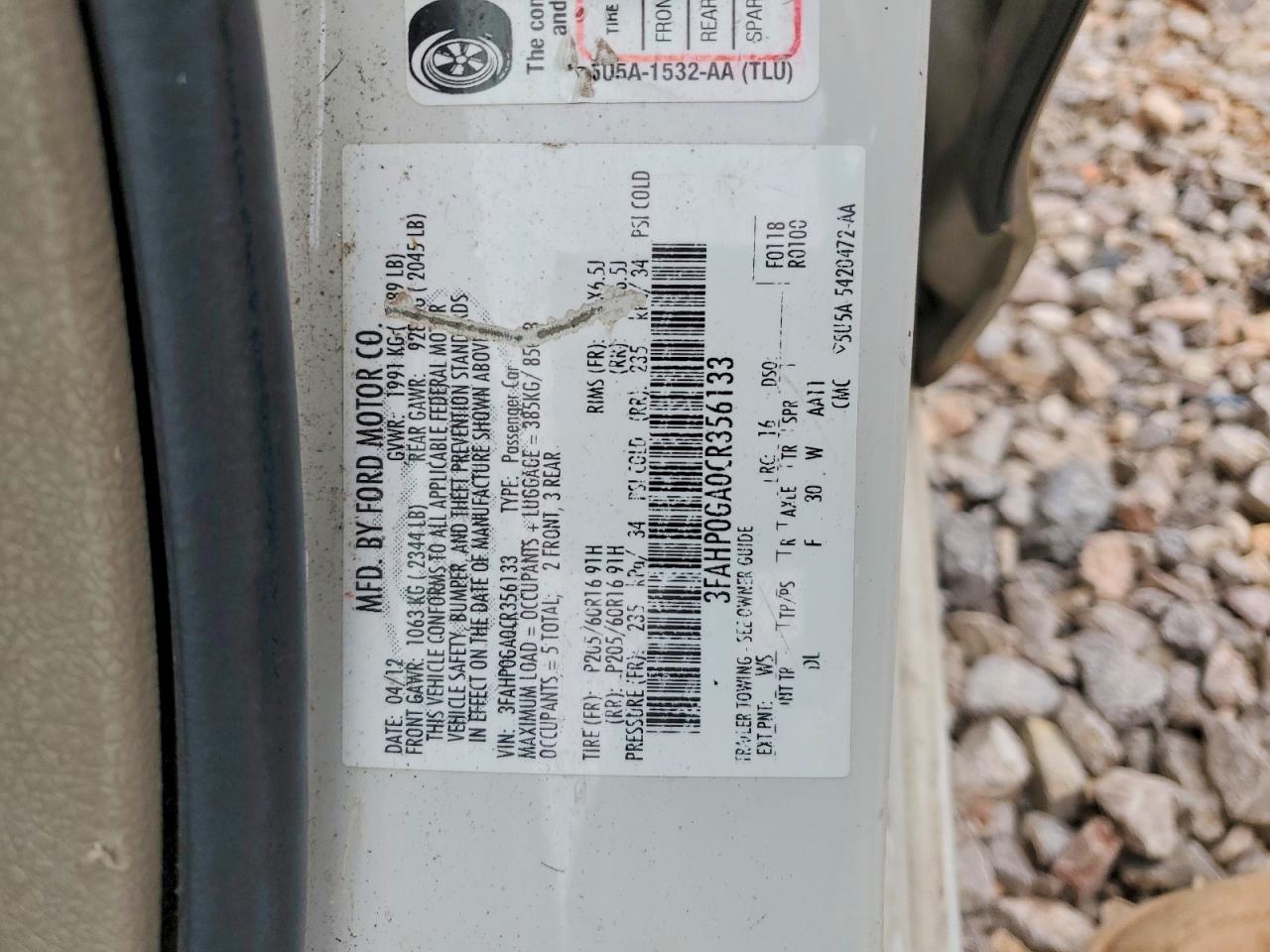 2012 Ford Fusion S White vin: 3FAHP0GA0CR356133