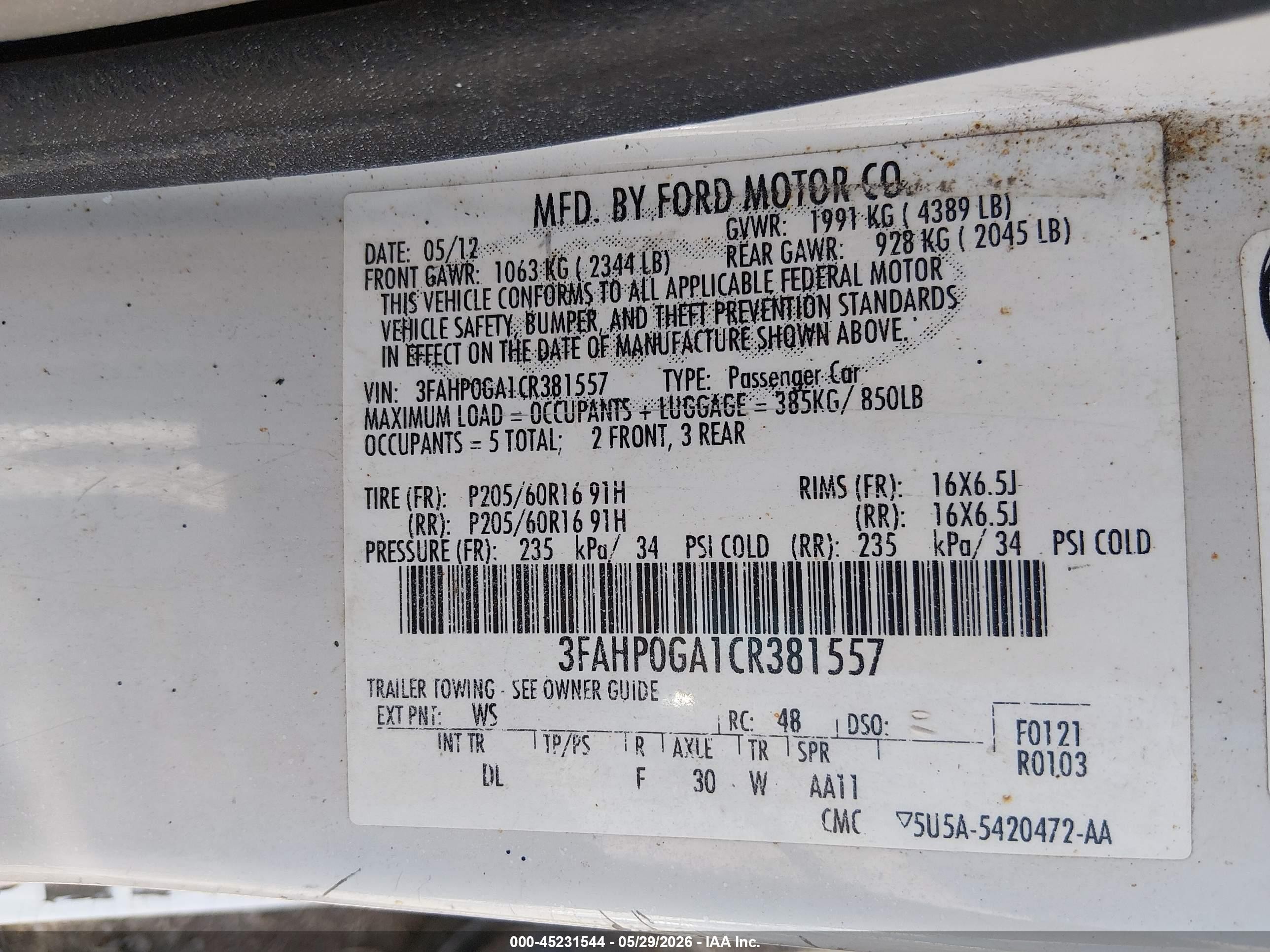 2012 Ford Fusion S Белый vin: 3FAHP0GA1CR381557