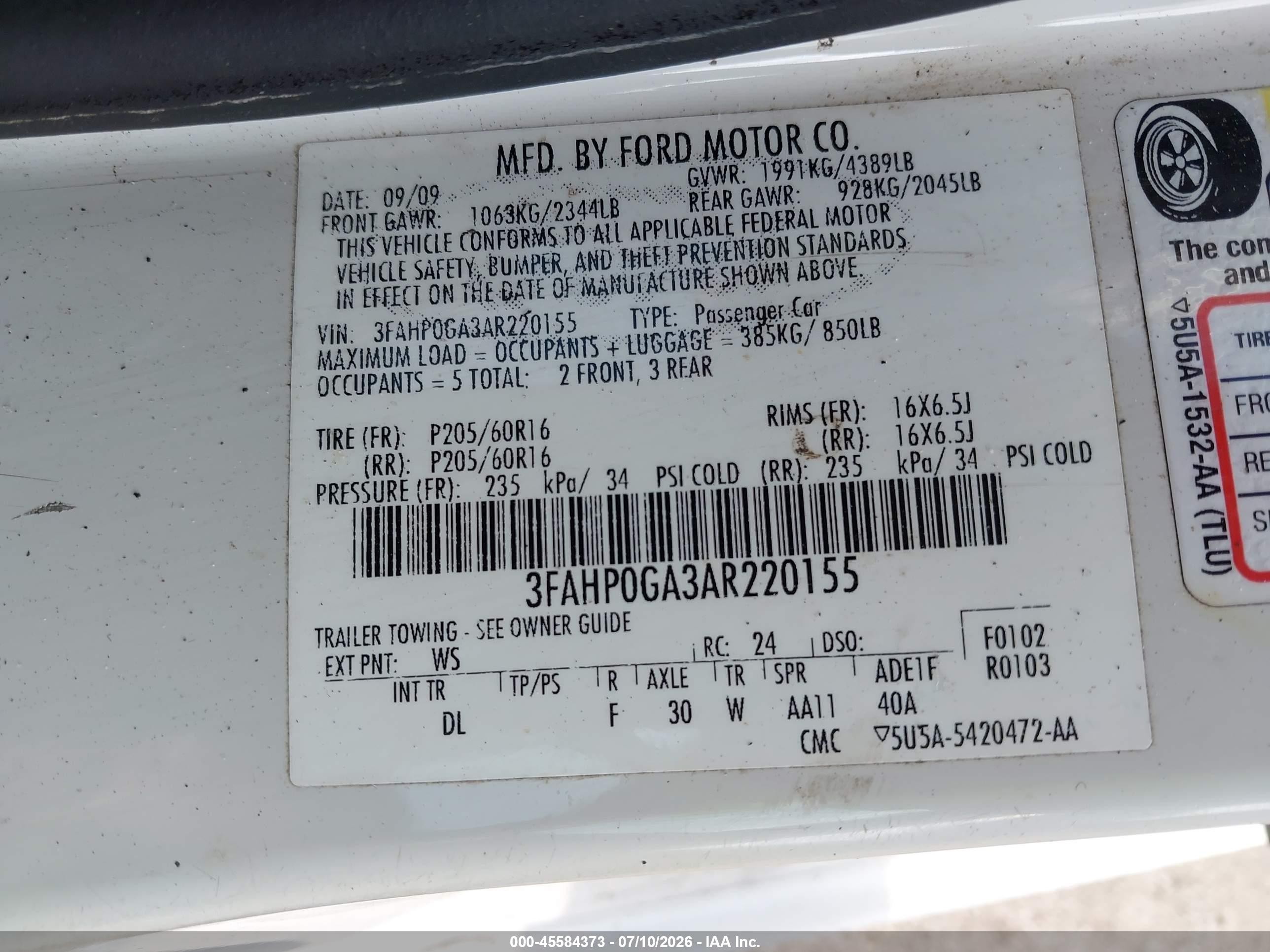 2010 Ford Fusion S White vin: 3FAHP0GA3AR220155