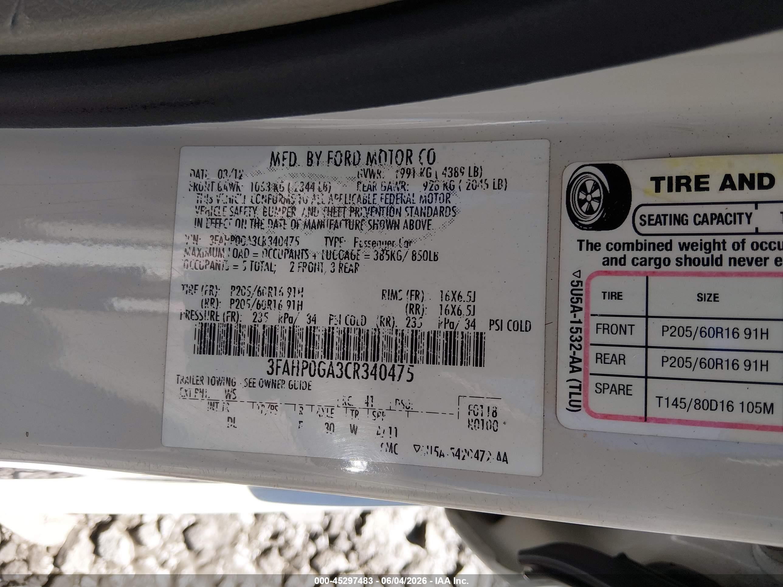 2012 Ford Fusion S White vin: 3FAHP0GA3CR340475